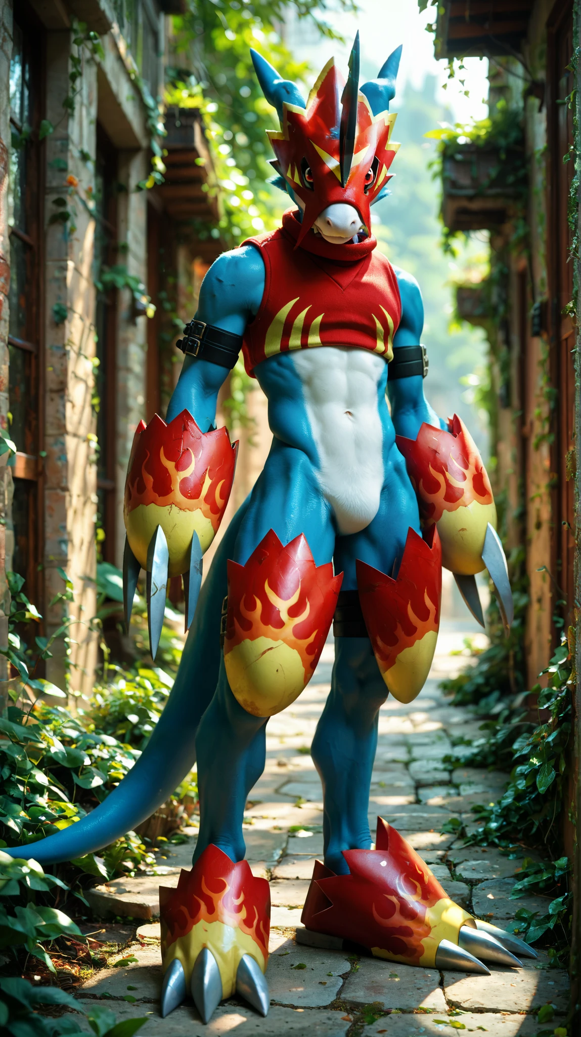 flamedramon, furry, blue skin, red eyes, mask, arm belt, crop top, gauntlets, thigh armor, footwear, score_6_up, score_7_up, score_8, score_9, solo, 1boy, standing, full body, detailed background, outdoors