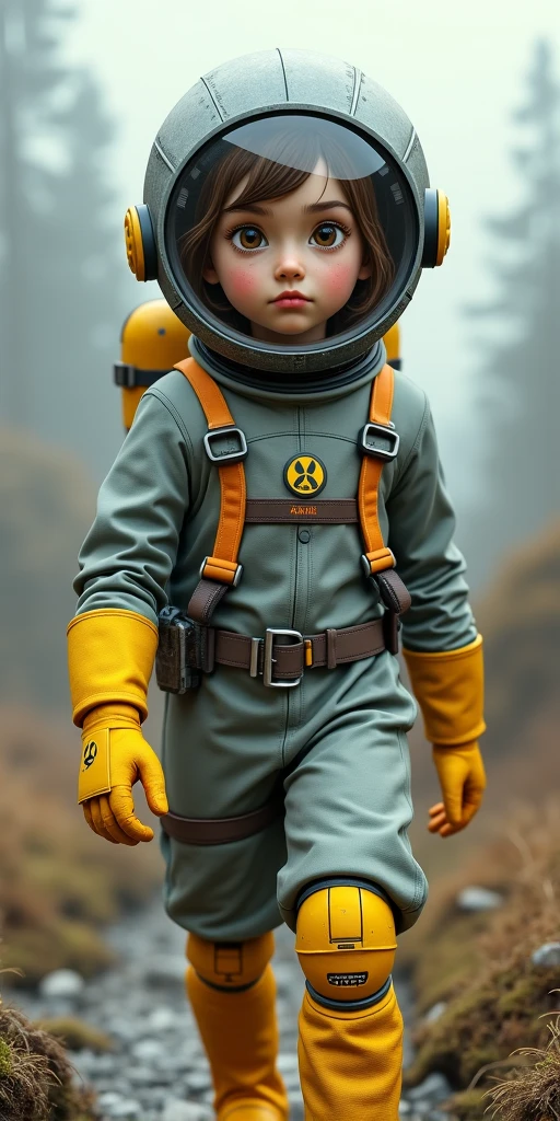 A girl in a gray radiation-proof suit, with a glass helmet covering her head, brown hair,  round lenses, yellow gloves and boots, braces on the teeth.