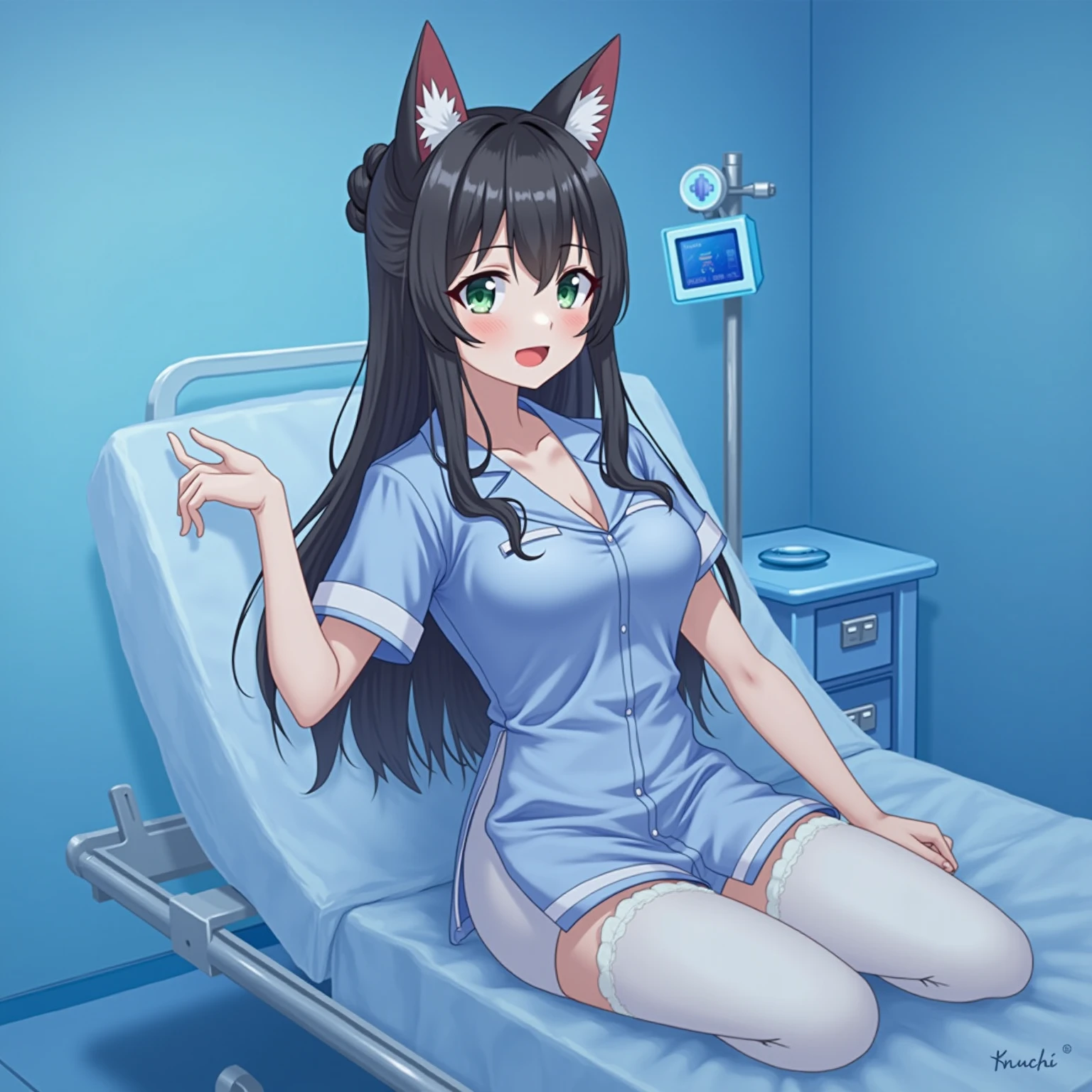 masterpiece, best quality, very aesthetic, absurdres, 1girl, mature_lady,nurse_clothes, nurse_hat,heart,holding a cat,,indoors,in animal hospital,,kuroyukihime, accel_world, 1girl, antennae, black_hair, long_hair, very_long_hair, red_eyes, butterfly_wings, insect_wings, wings, hair_ornament,,floating_hair,