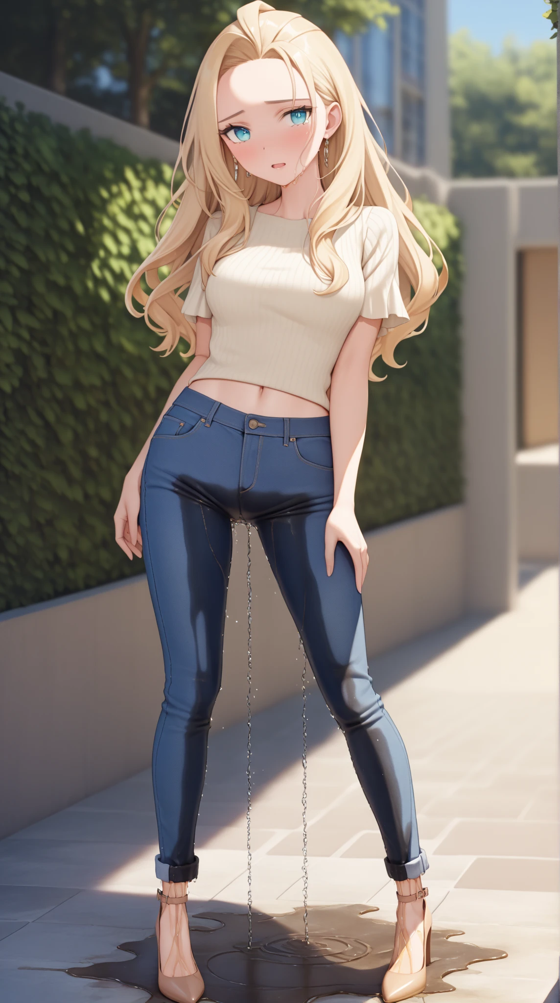 ((best quality, masterpiece:1.3, 8K)), (detailed), highly detailed face and skin texture, detailed eyes, downtown, full body, slender body, 1girl, 25 years old, white skin, blue eyes, bright lips, worried, embarrassed, blond hair, straight hair, long hair, (forehead:0.8), blue eyes, (white croptop:1.2), no sleeves, navel, jeans pants, skinny jeans, blue jeans, black heels, peeing jeans, peeing pants, pee stain, (wetting herself:1.5), desperation,