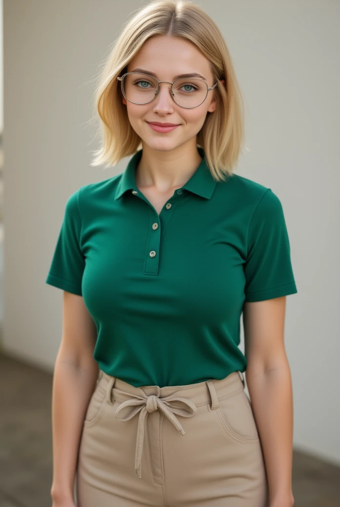 magic with realistic girl with long hair waering glassess in light green polo with white backgrond half body image from the chest looking of the viewe