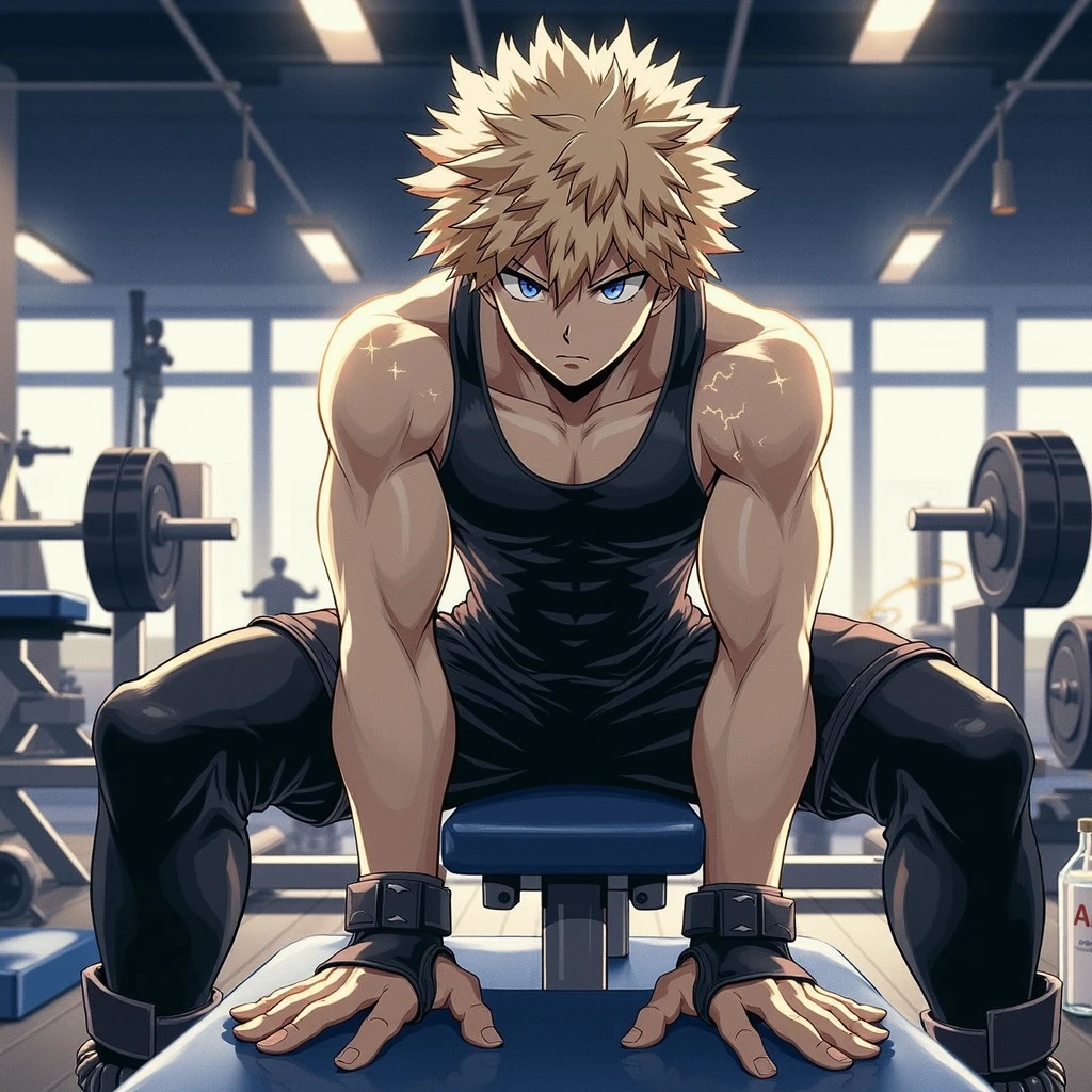 hands behind head, masterpiece, best quality red eyes, game cg, 1boy naked and V-Line sweating, solo, male focus, (looking at viewer), upper body sweating, bakugo katsuki, yellow hair, red eyes, shirtless naked, toned muscle sweating, pectorals, 8 abs, toned legs, naked legs, slightly bulged, detailed locker room, dynamic lighting, well lit, naked body, explosionmagic in the air, glowing aura in the background
