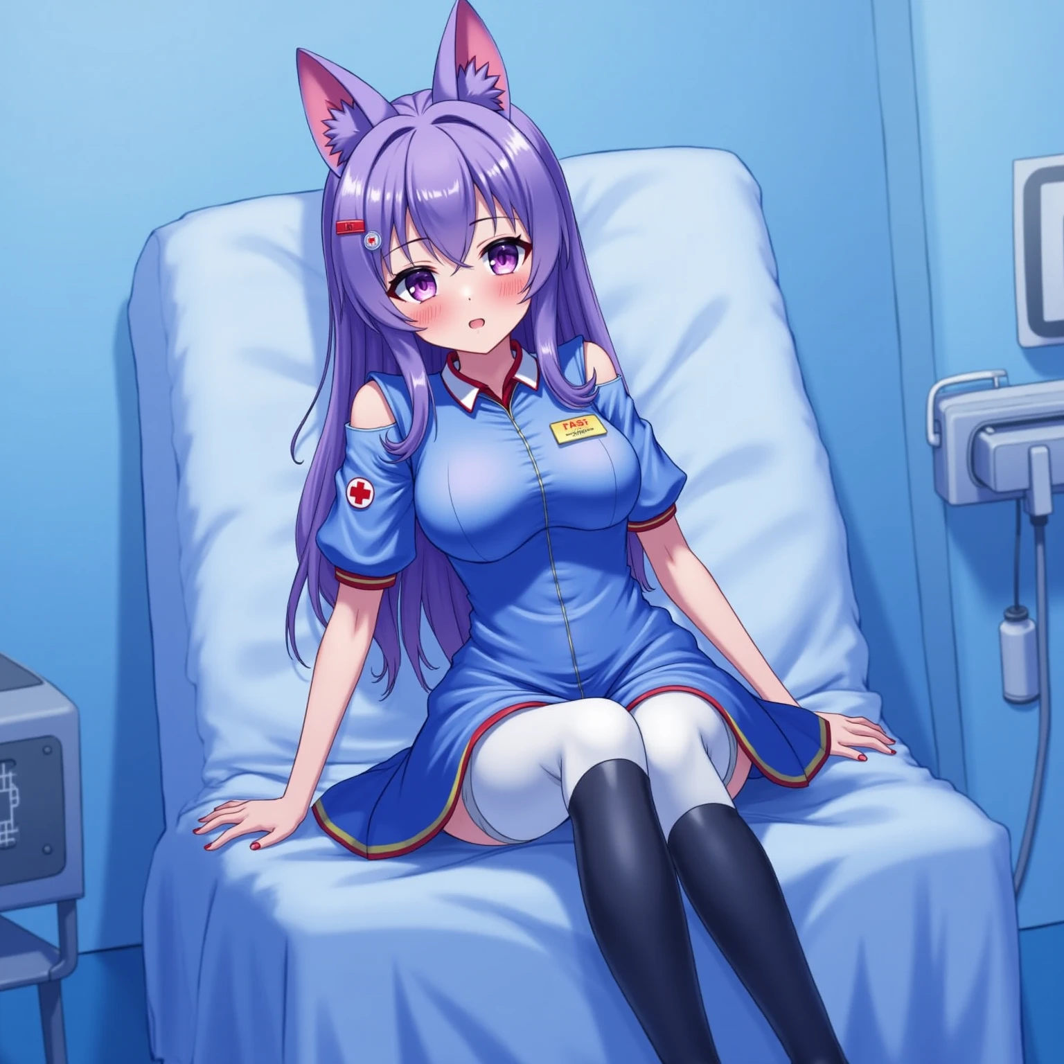 NSFW,masterpiece,Highest quality,High resolution,Super detailed,Shirakami Fubuki\(Hololive\),Gray Hair、One-sided braid、Ahoge、Earrings,Fox ears,Fox tail,nurse,Pink Nurse Uniform,Nurse cap,Stethoscope,Embarrassed,blush,Expecting face,Bewitching Smile,Sexy look,hospital,Examination room,desk,pc,Chair,(Seduce),Cleavage,examine,Chairに座っている,From the side