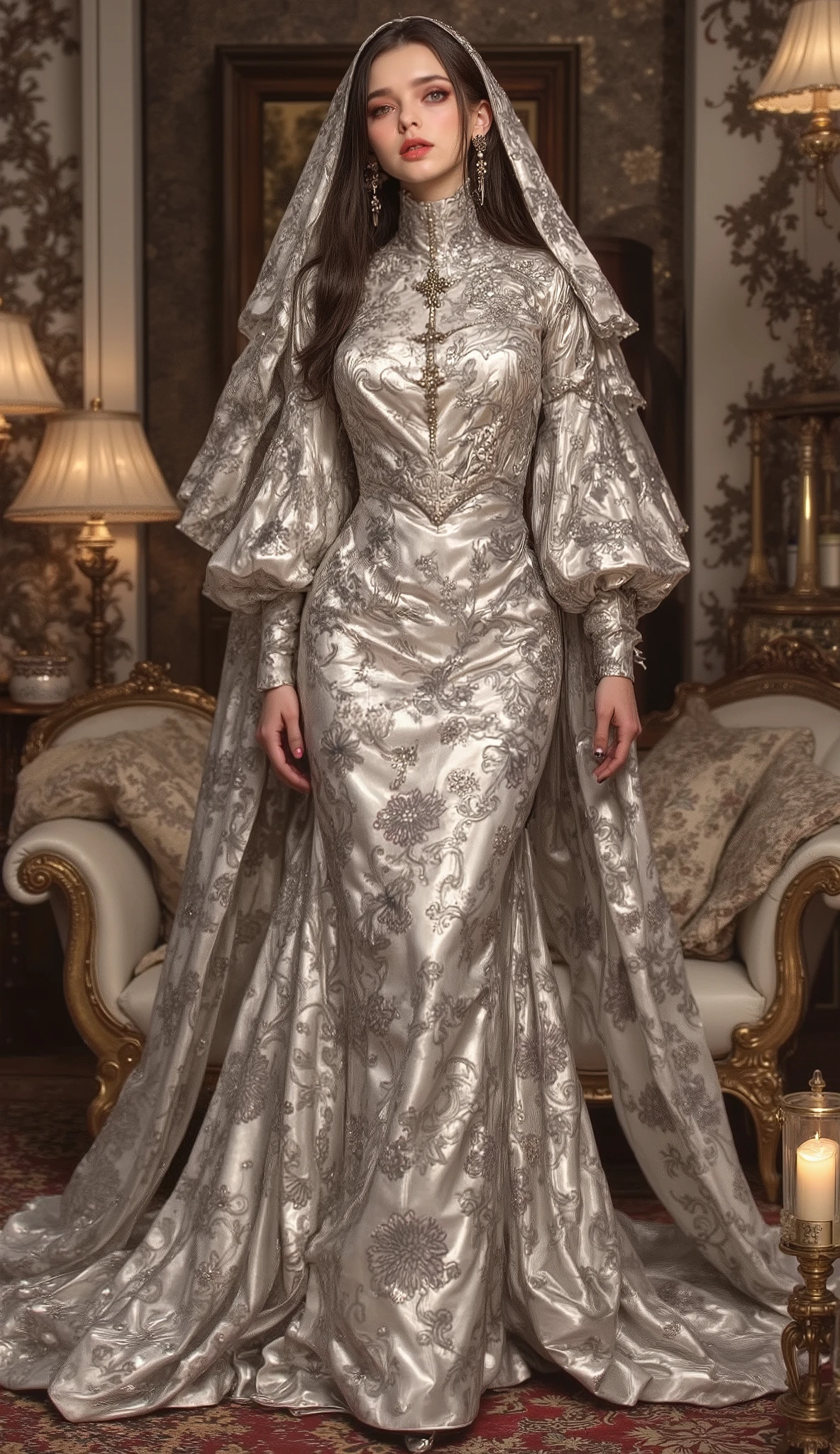 Beautiful model wearing a silver long dresses are one of the hottest fashion items of the moment. They not only add highlight to your overall appearance but also make you exude elegance and romance. Whether it's a formal or casual occasion, a long floral dress can make you the focus. floral peonies embroidered dress with ruffles, very flora embroidery,l ong silver dress with silver floral embroidery, lots of silver embroiderygold dress with silver with sleeves puff, mermaid dress, dress with lots of ruffles. The model is in a beautiful environment, in the living room