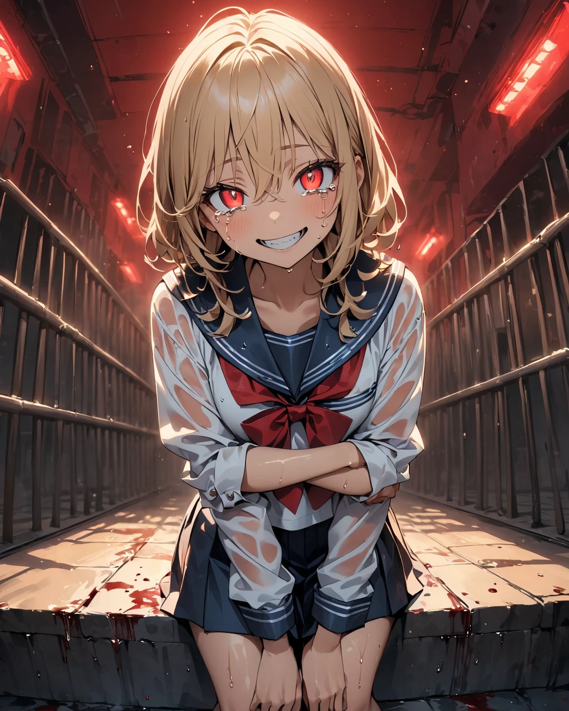 masterpiece, highest quality, View your viewers, In-person audience, barefoot, One girl, alone, Upper Body, bow, Sailor suit, Crazy Smile, at night, underground prison, Wet clothes, drenched, overly too long sleeves, Put your hands in your sleeves, Tears of Blood, Bloodstain, Dark Room, Blood splattered on the ground, Red bright light, Glowing Eyes, Depth of written boundary, Stand still, Red lighting, atmosphere, Perfect hands