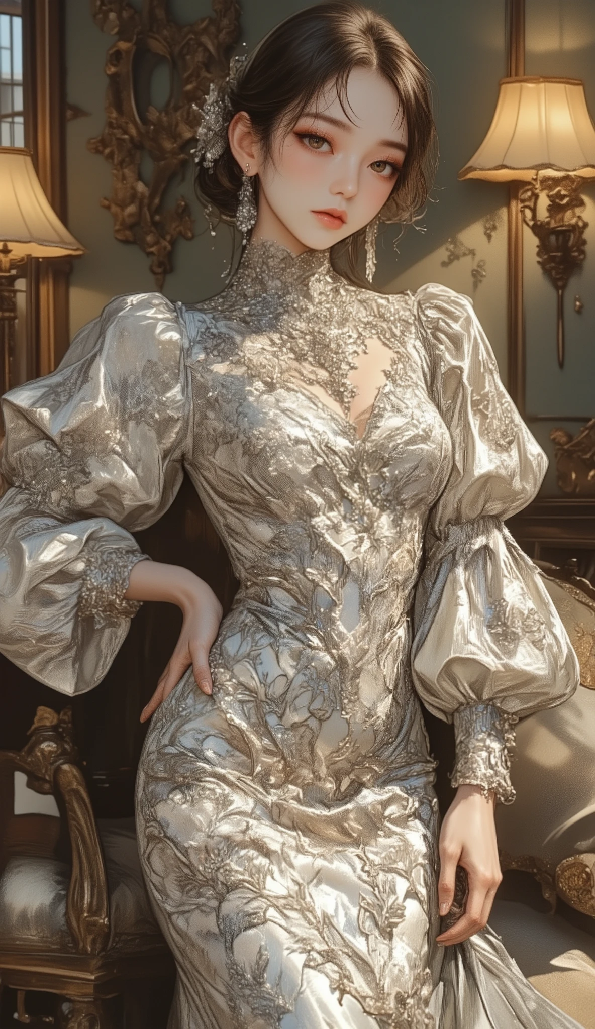 Beautiful model wearing a silver long dresses are one of the hottest fashion items of the moment. They not only add highlight to your overall appearance but also make you exude elegance and romance. Whether it's a formal or casual occasion, a long floral dress can make you the focus. floral peonies embroidered dress with ruffles, very flora embroidery,l ong silver dress with silver floral embroidery, lots of silver embroiderygold dress with silver with sleeves puff, mermaid dress, dress with lots of ruffles. The model is in a beautiful environment, in the living room