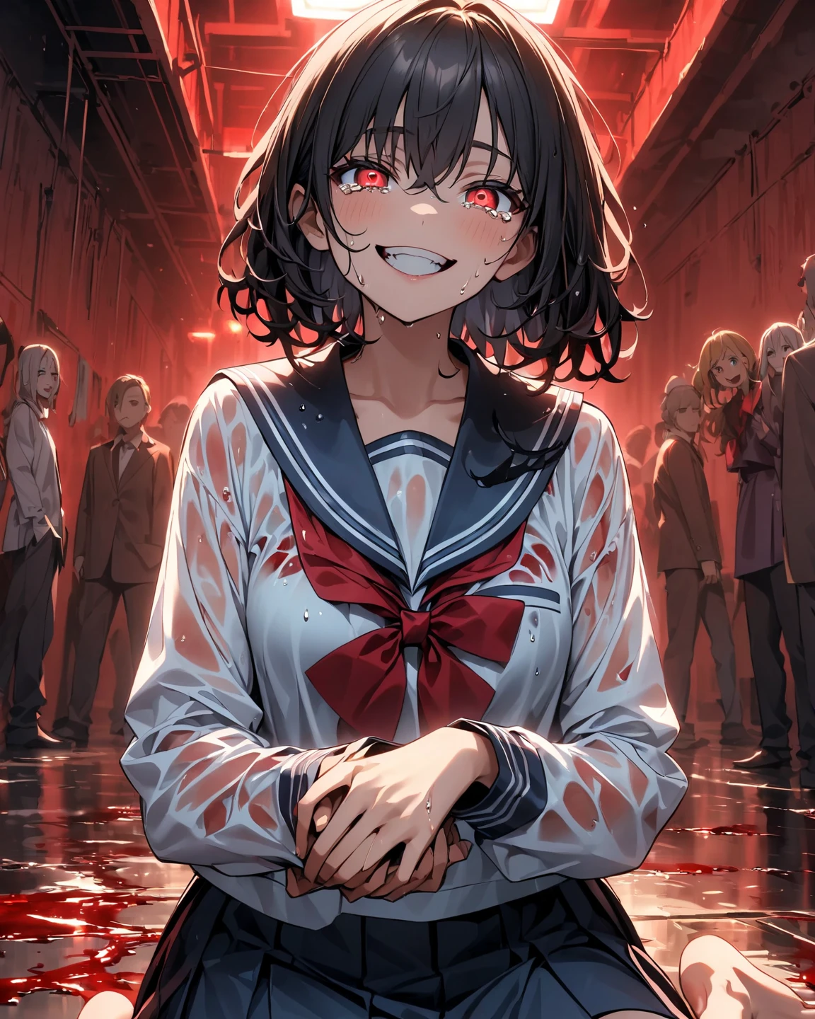 Please generate a close-up, portrait-style anime image of a yandere girl. She has long, disheveled black or dark brown hair, with large, gleaming eyes filled with a crazed light, and her pupils slightly contracted. She wears a classic Japanese high , a white shirt with a sailor skirt that has some blood stains. She has a dangerously alluring figure. She holds a bloodied knife in her hand, with an eerie and maniacal smile on her face, her mouth unnaturally wide and twisted. The background is a dimly lit classroom with blood stains and graffiti on the walls. The floor is littered with broken books and glass shards, creating a sinister and terrifying atmosphere. She should appear intensely obsessed with the viewer, her eyes fixed on them with a look of dangerous devotion and possessiveness. The image should be highly detailed, a masterpiece with excellent lighting and the best possible quality.