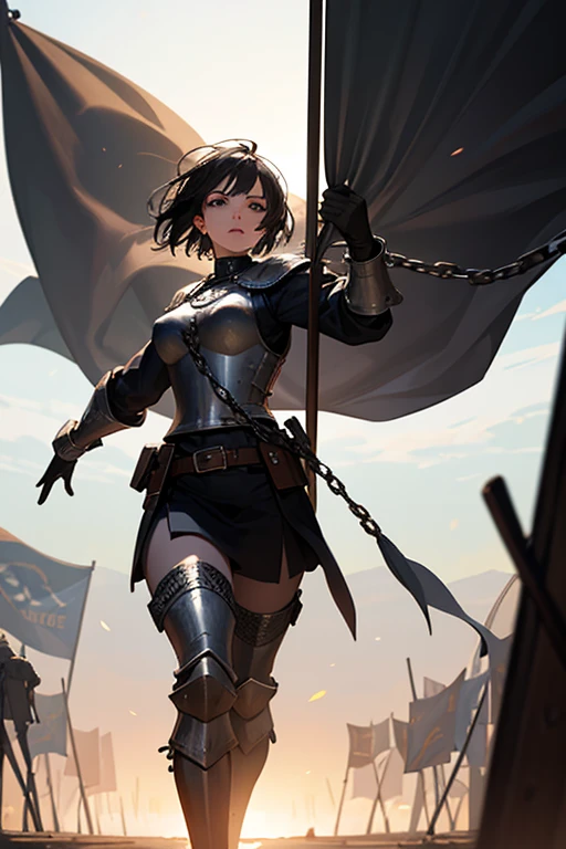 masterpiece, best quality, solo focus, 1girl, 22 years old, brown hair, (wavy hair, short hair), gold headband, purple eyes, beautiful detailed eyes, (gold medieval armor), (eagle (symbol) on chest), gauntlets, (leotard, black leotard, matching leotard, bare legs), (thighhigh leggings, boots, matching boots), standing, legs straight, perfect hands, (holding broad sword), mountain base backdrop, (ruined castle, ruins), solo, (perfect anatomy), (full body shot), cowboy shot.