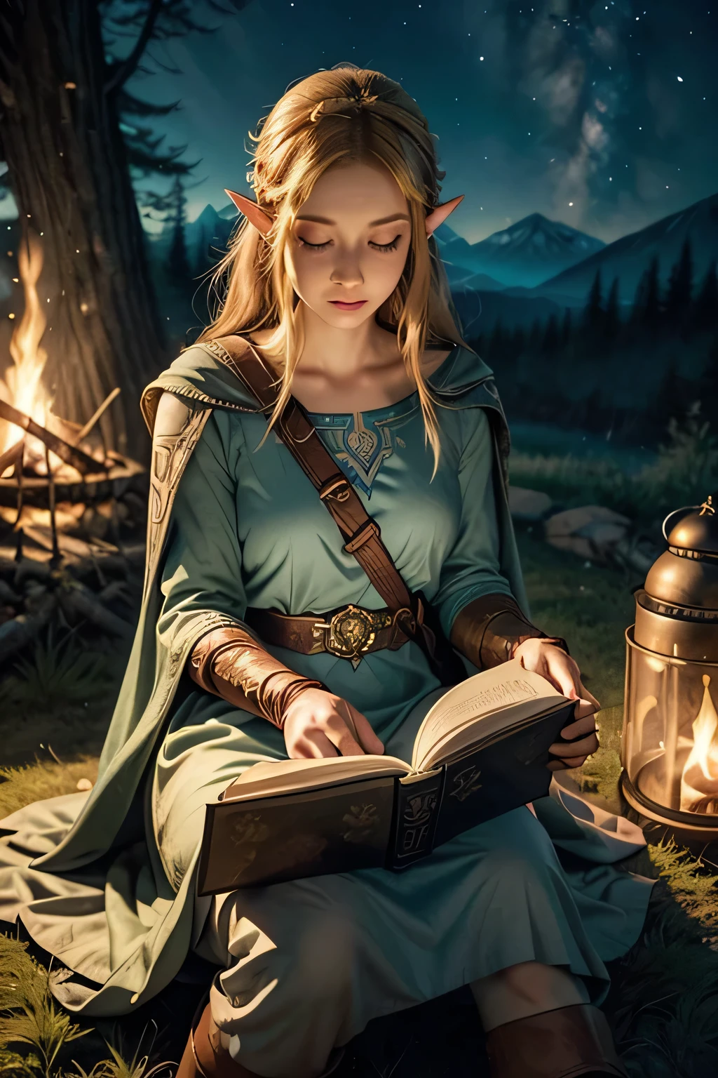 Realistic Princess Zelda reading a book next to a campfire, she is on top of a mountain, in the background there are more distant mountains, she is leaning on a tree, the princess, the book and the campfire appear in the foreground and occupy the majority of space in the image, volumetric lights,