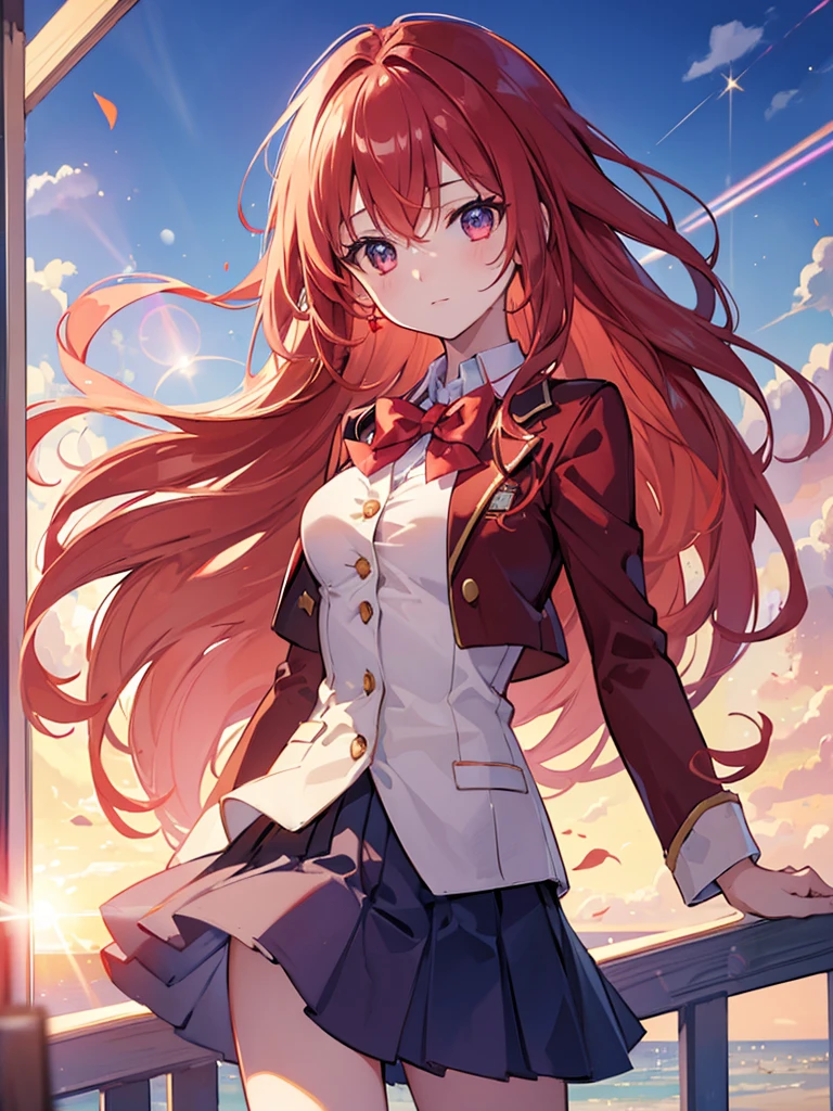 high quality art, alone girl, long reddish hair, fringes to the sides, beautiful face, sensual look, wearing a red school jacket with yellow piping, WHITE COLLAR BLOUSE, short skirt, white planks. standing on a school roof, on your back looking towards the camera, smiling, wavy hair, beautiful landscape, blue sky with clouds.
