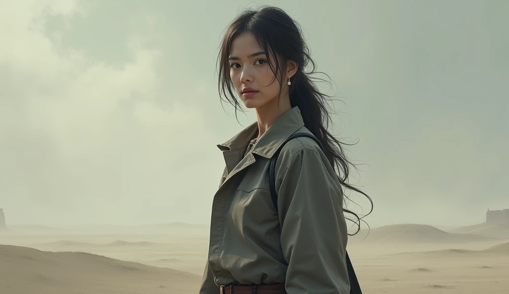 Maggie , The image is a digital artwork depicting a female soldier in a desert landscape with a volcanic eruption. Caucasian woman, highly detailed, extremely detailed, photorealistic, high detail, wallpaper award, winning hyper realistic, ultra detailed, high definition, crisp quality, Ultra realistic. RAW photo, high quality, detail, virtual photographer, photo mode, elegant, high detail, digital painting, concept art, HDR, CGI, by Jeremy Lipking, by Katsuhiro Otomo, by Raymond Swanland, by Antonio Manzanedo