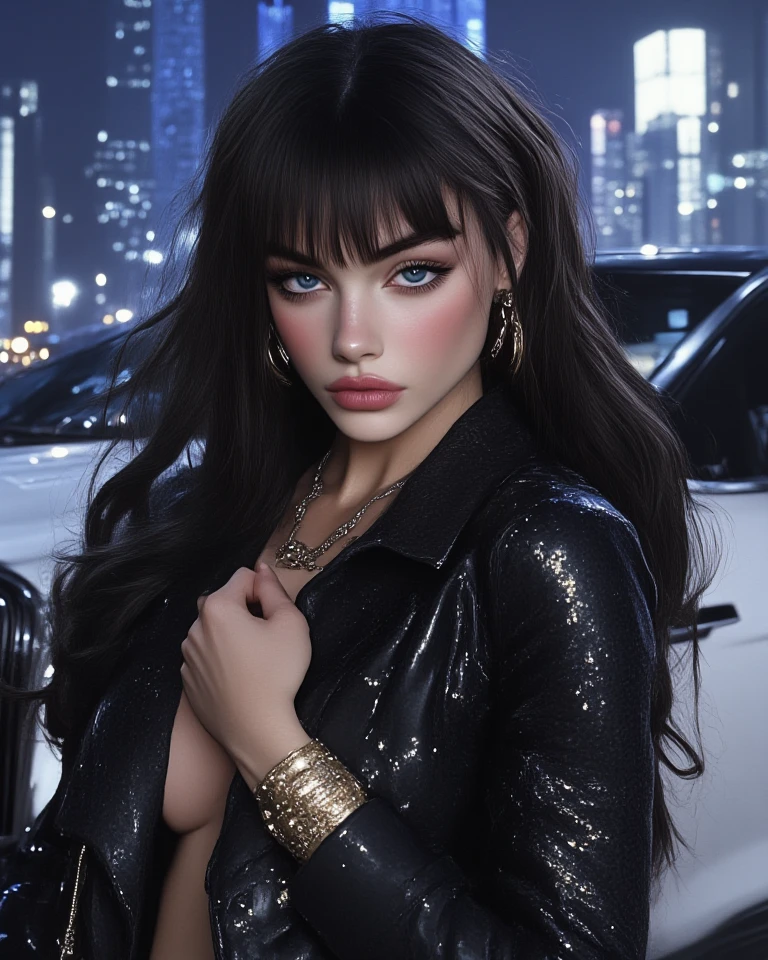 femme de 26 ans, cheveux cour noir, vetement d hiver , beau visage, Tanned skin (realistic skin) dans la voiture
