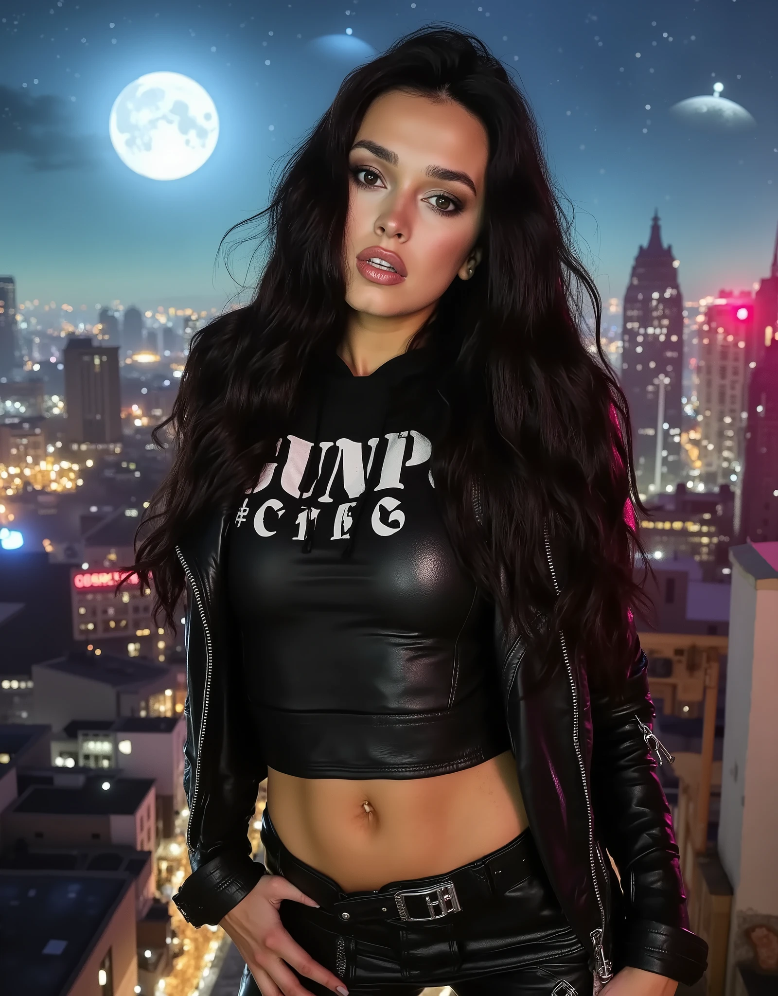 woman, wearing a cropped leather moto jacket with detailed zippers worn over a Guns & Roses cropped hoodie. The jacket should look glossy and high-quality with light reflections emphasizing its texture, black pvc latex wetlook leggings, (wavy hair), light makeup, power pose, flirting with the camera, on a rooftop, city detailed scenario, city lights detailed background, night sky filled with stars and moonlight, side proflie