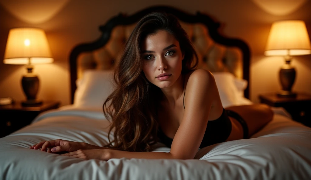 Create a soft, long shot, wide angle of a young woman set against a dark, blurred background. The setting appears to be indoors, and the mood is peaceful and serene. The lighting is low and warm, casting a gentle glow on her face while leaving the background intentionally blurred, creating a subtle bokeh effect. The light source comes from an off-frame lamp or ambient lighting, providing a dim but flattering highlight to her skin. 2 gorgeous woman, small breast, detailed skin face and eyes, long hair, low contrast, natural face, freckles around her nose, dark blonde hair, brown and blue eyes, shown looking down with her eyes gently closed, smiling softly as if lost in thought or a moment of quiet reflection. She has long, wavy brunette hair that falls naturally over her shoulders, with a single lock of hair casually falling across her forehead. Her makeup is minimal, enhancing her natural beauty, with soft eyeliner and nude lipstick. her booty is in shot, peachy ass. She is lying down on a bed, looking cute and playful. she is wearing lingerie.