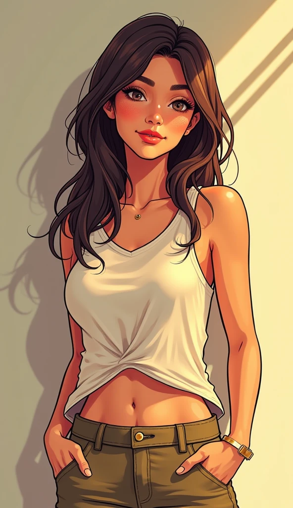 ((masterpiece)), (detailed), anime tan woman wearing a v-neck button-up Collar shirt, (bare shoulders), (bare arms), (jeans), (long hair), starving, (resting hands on the stomach), (hands on the stomach)