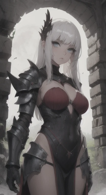 (photorealistic:1.4), (masterpiece, sidelighting, finely detailed beautiful eyes: 1.2), masterpiece*portrait, realistic, 1 girl, 3d face, glowing eyes, shiny hair, lustrous skin, red eyes, white hair, long braided hair, (dark skin), (dark skinned elf), (dark elf), sexy bikini armor, plate armor bikni, in the forest, ((still wearing armor but half naked, armored but half nude, nipples showing)) (angry expression, irritated), close up view, viewer pov from infront of her, looking at viewer