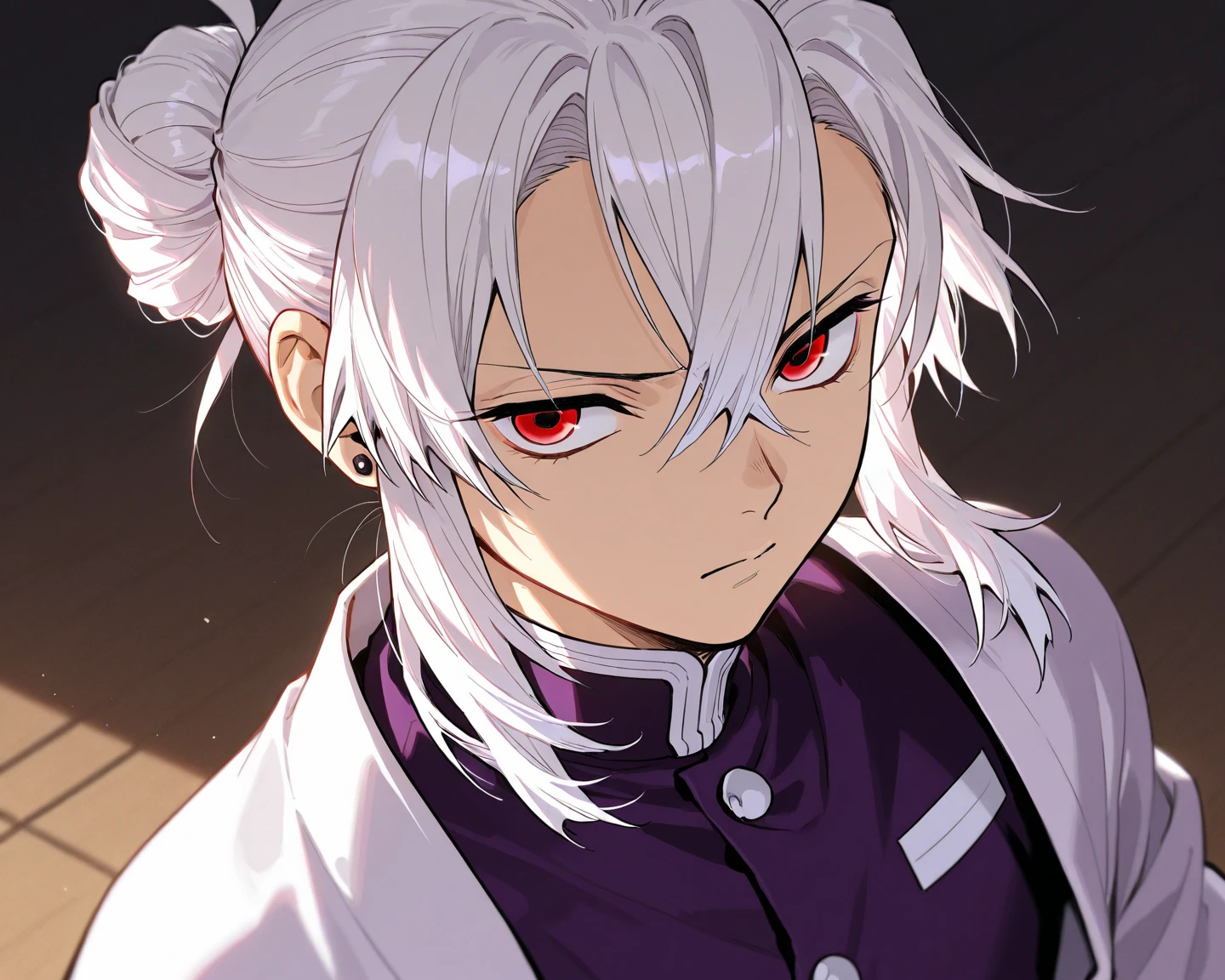 Kimetsu no Yaiba style, 1 mature, boy, black face markings, face tattoos, red eyes, a demon, handsome, medium hair, black hair, white hair with red tips, medium black hair, stylized hair, medium hair, excited expression, smiling, upper moon Demon, holding an obi sash, wearing black demon slayer uniform, black clothing, holding an obi sash,