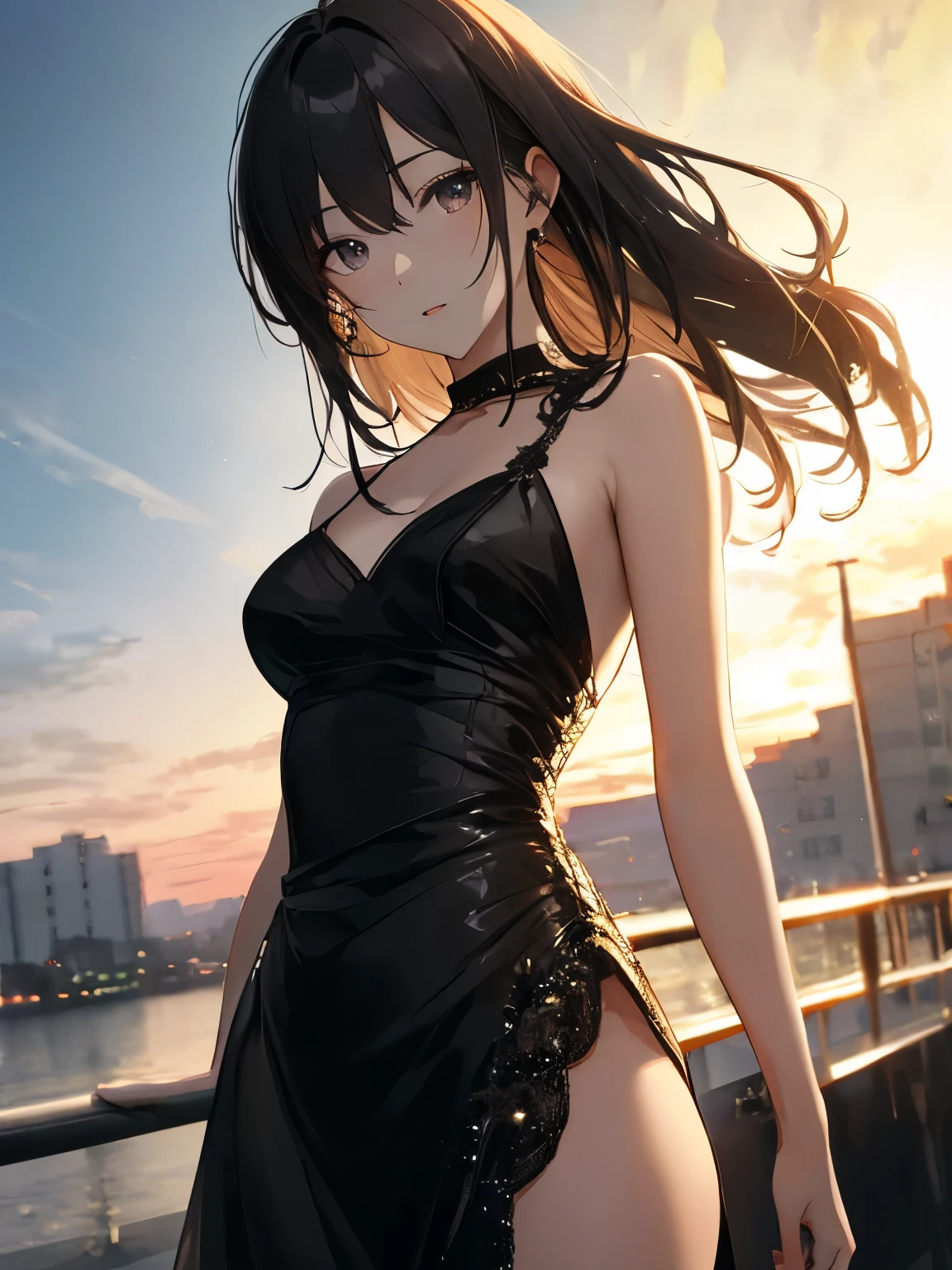 最high quality、Best image quality、masterpiece、With a girl((cute、16 years old、Best Bust、Medium Bust、Beautiful Blue Eyes、Spread your chest wide,Black Hair、Disheveled Hair、thin、Highest Valley、Black Dress、Teary whole body is wet、cry、Sad face))high quality、Beautiful art、background((night、heavy rain、City、Lightning strikes、fountain park)),Tabletop、Exquisite design、Visual Arts、Written boundary depth、Best lighting、Highest detail、8k
