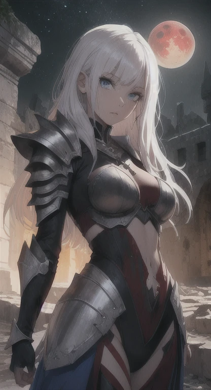 Striped hair, french braid, mismatched pupils, Chiaroscuro, illuminating, Gothic art, Best quality, Anatomically correct, High details,cavalier,holy paladin,Leather bandages,Metal chains, big tit,(Armor),Heavy armor,Gorgeous armor, exposed belly