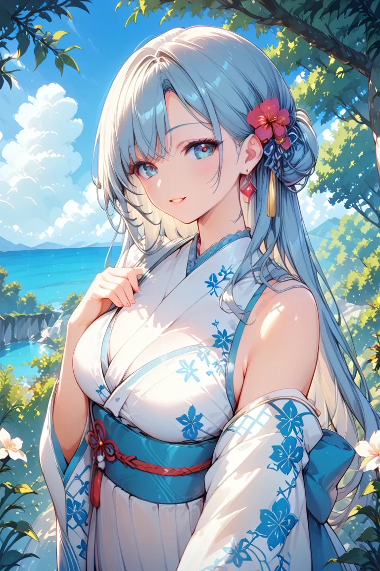 (masterpiece,best quality,ultra-detailed), an anime lady who is at 23 years old, gentle and kind, young yet mature, beautiful, caring, dearing, loving, forgiving, protective, motherly onee-chan. She has ice white side-swiped bangs, ocean blue oval eyes, arctic fox ears and tail, wearing stylish off-shouder kimono, sitting in front of a sakura tree, smiling at viewer in a nurturing expression