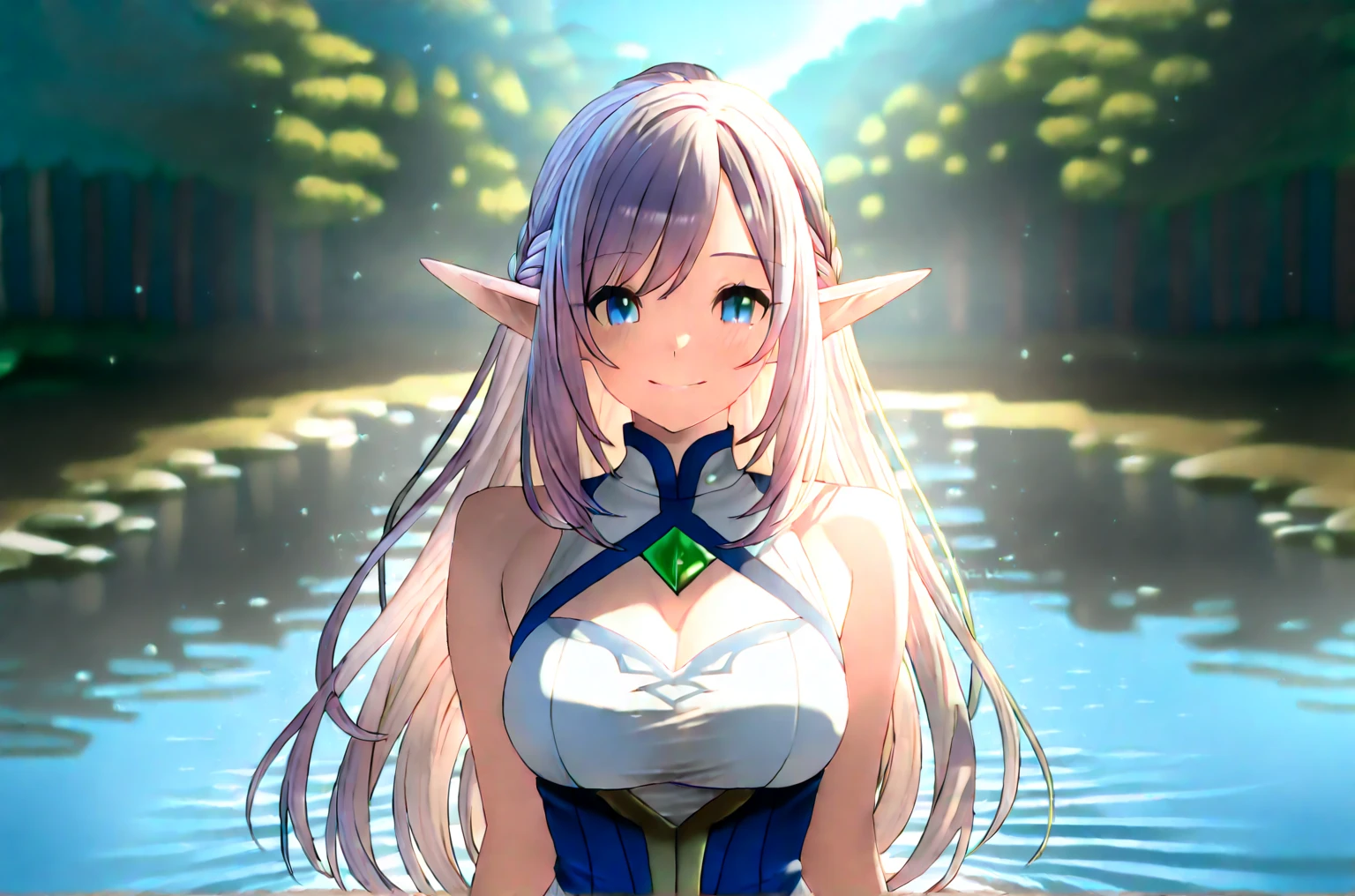 fielnirvalen, <lora:fiel nirvalen s1-lora-nochekaiser:1>,
fiel nirvalen, long hair, blonde hair, hair ornament, (purple eyes:1.1), pointy ears, elf, circlet, (parted bangs:1.5),
BREAK detached sleeves, underboob, skirt, bare shoulders, shirt, white shirt, collared shirt,
BREAK outdoors, forest, nature, sun, sky, clouds, trees, river, grass,
BREAK looking at viewer, (cowboy shot:1.5),
BREAK <lyco:GoodHands-beta2:1>, (masterpiece:1.2), best quality, high resolution, unity 8k wallpaper, (illustration:0.8), (beautiful detailed eyes:1.6), extremely detailed face, perfect lighting, extremely detailed CG, (perfect hands, perfect anatomy),