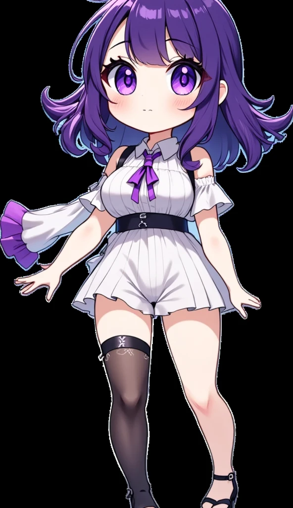 anime woman with long purple hair and big , lifting up her long skirt and showing white panties, low point of view, standing, full body, white background
