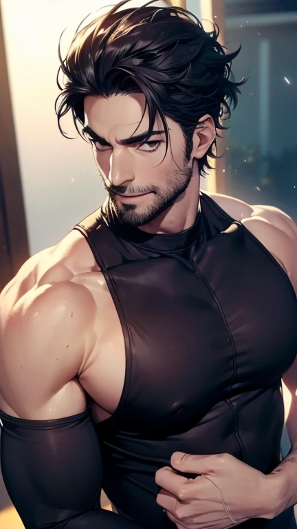 Close-up Quality (masterpiece1.2), (Best quality), (Intricate details)Male, 6'5, white, built, has big veiny hands. Tattoos that cover his neck, chest, arms, and back. has well-trimmed facial hair, tan from the sun, groomed body hair on his arms, and chest leading to a happy trail, Black hair that is short at the sides, longer at the top, Well-kept, Handsome, thin lips, sharp, defined, square jaw. Dimples, slightly crooked nose. Green eyes with hints of gold in the center. long eyelashes. Wearing blue jeans, black button up, dog tags, black leather riding boots