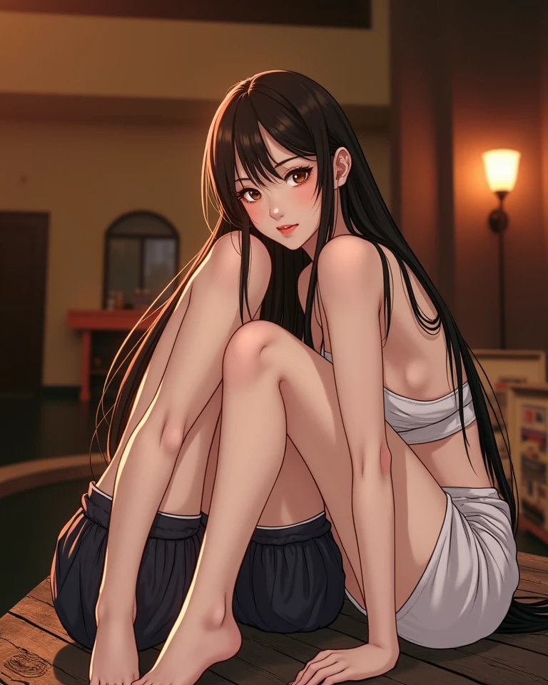 hot  woman with short ponytail sitting at a bar with a cropped hoodie and a small thong