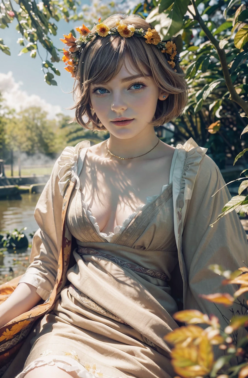 (8k, best quality, masterpiece:1.2),(best quality:1.0),(raw image:1.8),(photorealistic:1.9),
BREAK,
(beauty shot:1.4),(head to thigh:1.6),shot on Fujifilm X-T4, with a(soft focus filter:1.30), in style of (Anne Brigman:1.2),
BREAK,
(20 years old Dutch girl:1.6),(((Ella Freya))),(very short hair),(beautiful blond hair),(blushed),ultra-realistic skin texture, ultra-realistic eyes glow, ultra-realistic hair texture, big eyes, clear double eye lids, eyelashes, ears out,Attractive proportions,golden ratio face, perfect face,lip gloss, pale lips,(((small breast))),,(fashion model),(artistic body),((Maiden Robe)),((wearing flower crown)),((looking dreamily into the distance)),(((in an serene outdoor setting))),(((wind blowing leaves))),(under bounced light:1.3).