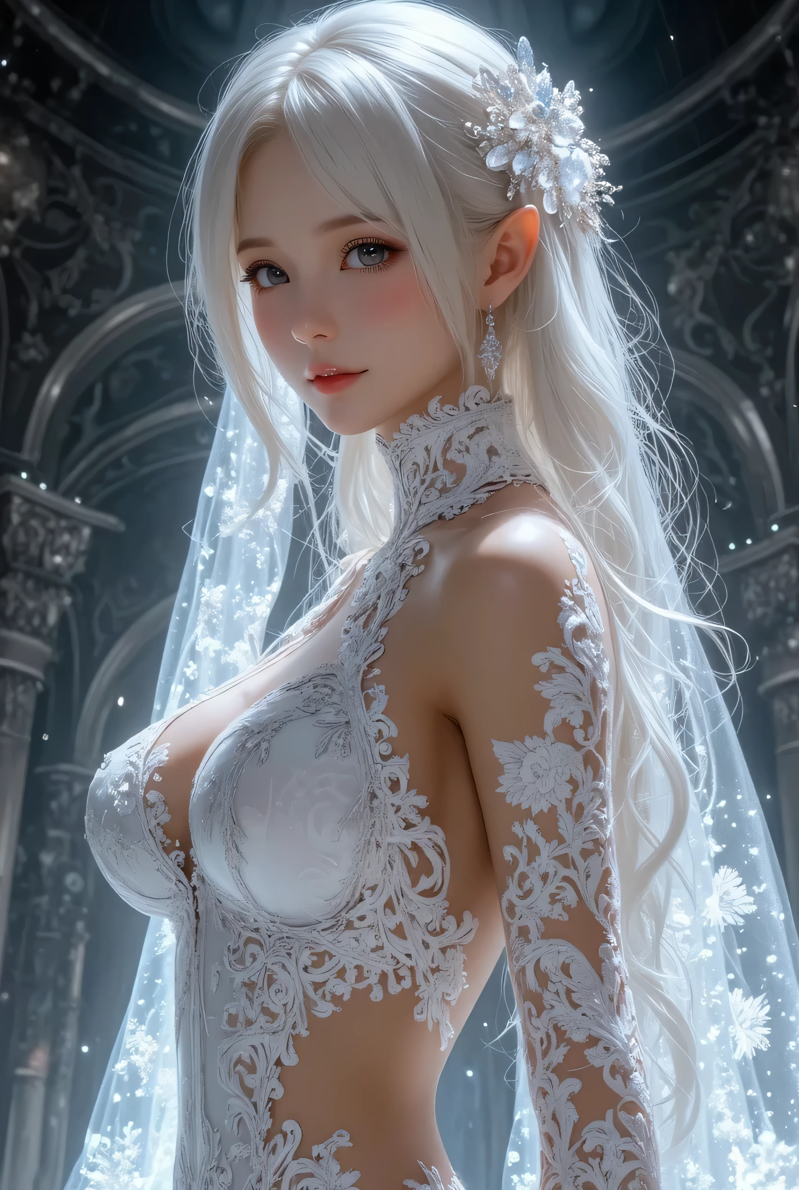 Best quality:1.2,tmasterpiece,(Detailed characterization:1.2),(perfect detail, Perfect Skin:1.2),Extremely detailed 8K wallpaper,Complicated details,distinct_of the image,extremly intricate,(delicate skin:1.3),k hd,((Glowing and radiant skin)),(Natural soft light, ray traycing, volumettic light),(golden-ratio face, Perfectly proportioned face shape, perfect beautiful:1.3),(Reflect diffuse light onto face:1.3),(Same proportion face),(perfect anatomia, Correct limbs, Correct fingers),
break 1 girl,(transparent lace skirt:1.1),Large breasts,,Breast areola,Open lips,pubes,(),Alone,edd,actual,Eternal,White hair,(no underwares:1.2),BREAK Beautiful and detailed light,(Detailed ice),Beautiful and delicate water,Beautiful and detailed light,Detailed ice,Beautiful and delicate water,(Cold full moon),snowflower,(floating cloud:1.2),