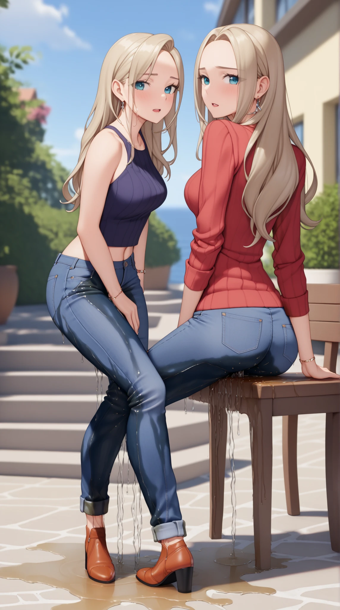 unaestheticXL_bp5, ((best quality, masterpiece:1.3, 8K)), (detailed), highly detailed face and skin texture, detailed eyes, park, pond, full body, (slender body:1.1), (a group of 3 girls:1.5), 25 years old, white skin, bright lips, worried, embarrassed, long hair, (forehead:1.0), (jeans pants:1.2, flares jeans:1.2, skinny jeans:1.2, blue jeans:1.2), (wetting themself:2.5),