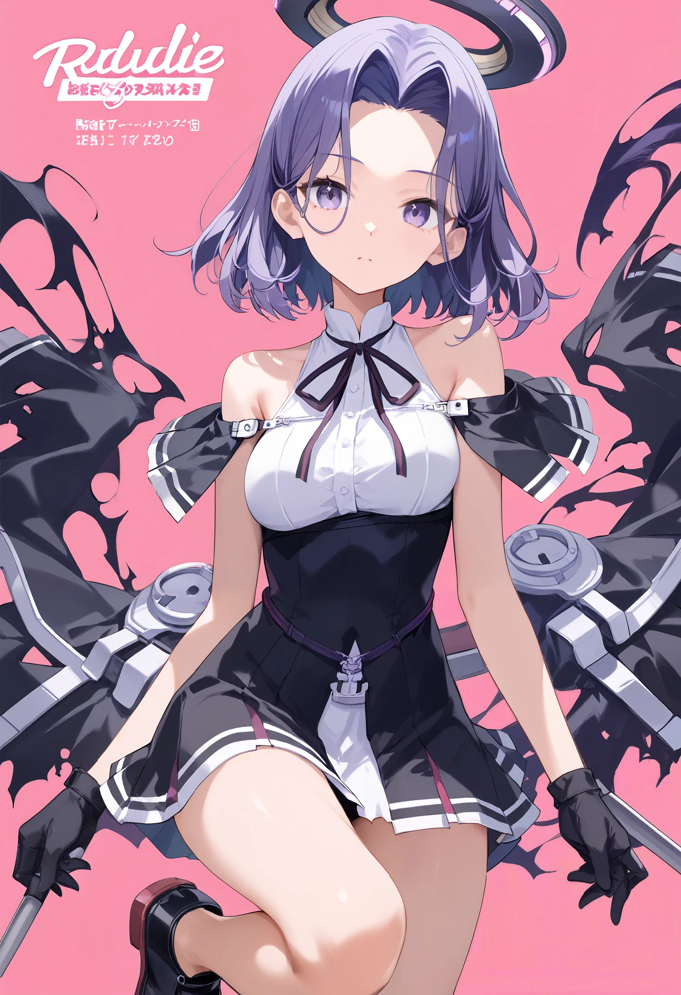 Ryuda Muji, tatsutakaini (kantai collection), score_9, score_8_up, score_7_up, score_6_up, source_anime, masterpiece, best quality, official art, official style, game cg, glasses magazine, rating_safe, rating_questionable, purple hair, halo, short hair, purple eyes, split bangs, , ripping bare shoulders in pink background, sleeveless, black dress, white shirt, black skirt, short dress , Bare legs, chest,