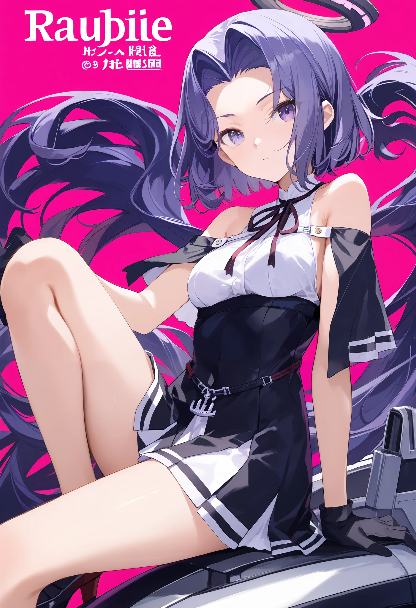 Ryuda Muji, tatsutakaini (kantai collection), score_9, score_8_up, score_7_up, score_6_up, source_anime, masterpiece, best quality, official art, official style, game cg, glasses magazine, rating_safe, rating_questionable, purple hair, halo, short hair, purple eyes, split bangs, , ripping bare shoulders in pink background, sleeveless, black dress, white shirt, black skirt, short dress , Bare legs, chest,