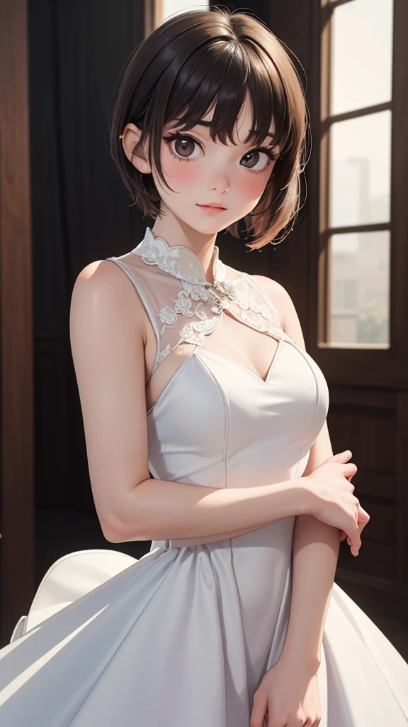 Woman with short brown hair, ojos marrones y lentes. vestida con un elegante vestido de boda en la noche