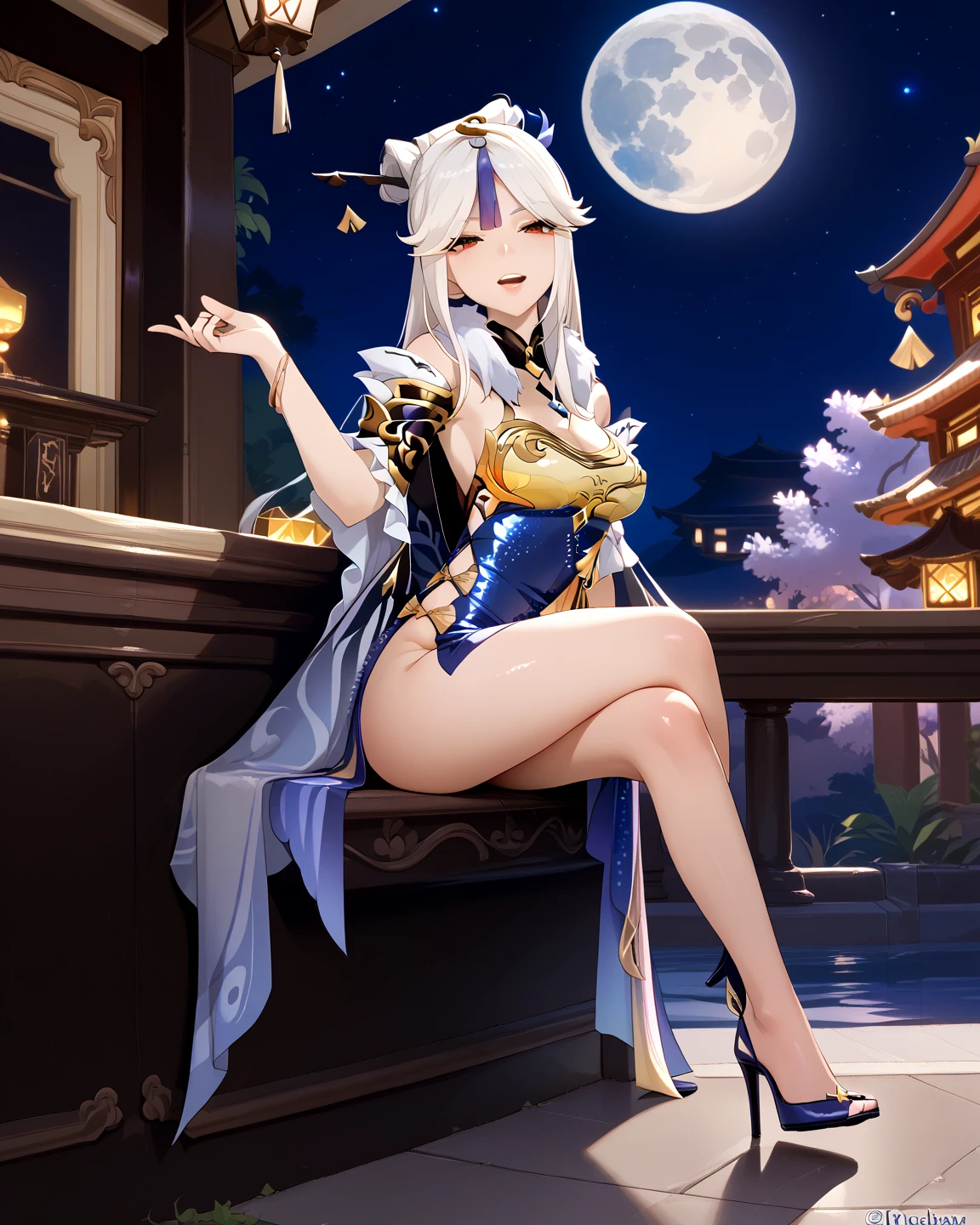 Highest quality, 8k, (Wide-angle lens),1 girl, (Mile Edelfelt),,Long silver hair,Emerald green eyes,Captivating smile, barefoot, China dress, erfly, butty hair accessory, backless dress, Chinese Language Services, 2倍good,Golden dragon pattern,barefoot,full moon,Elbow Bag,good, hair accessory,jewelry,Earrings,Beaded anklet,Thin legs,Manicure, Mid-chest, alone, それからManicure, Outdoor,Chinese style architecture, Chinese style, lake, Ancient Town, Beautiful and elaborate water,Red Lantern,