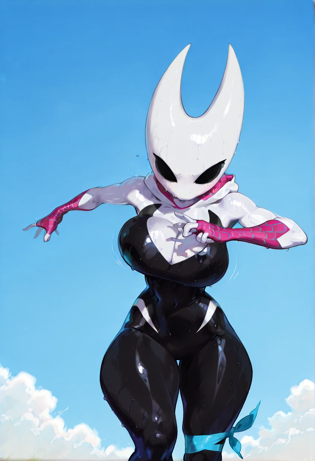 Full body image of Gwen Stacy as Spider-Gwen, full body in image, wearing her original Spider-Gwen outfit (white, black, and pink hooded suit with web patterns on the inside of the hood, white gloves, and blue ballet shoes), short blonde hair with the hood partially down, female body, slender and athletic body, dynamic pose, detailed pose, simple background, expressive face showing determination, focus on face, line art, sketch