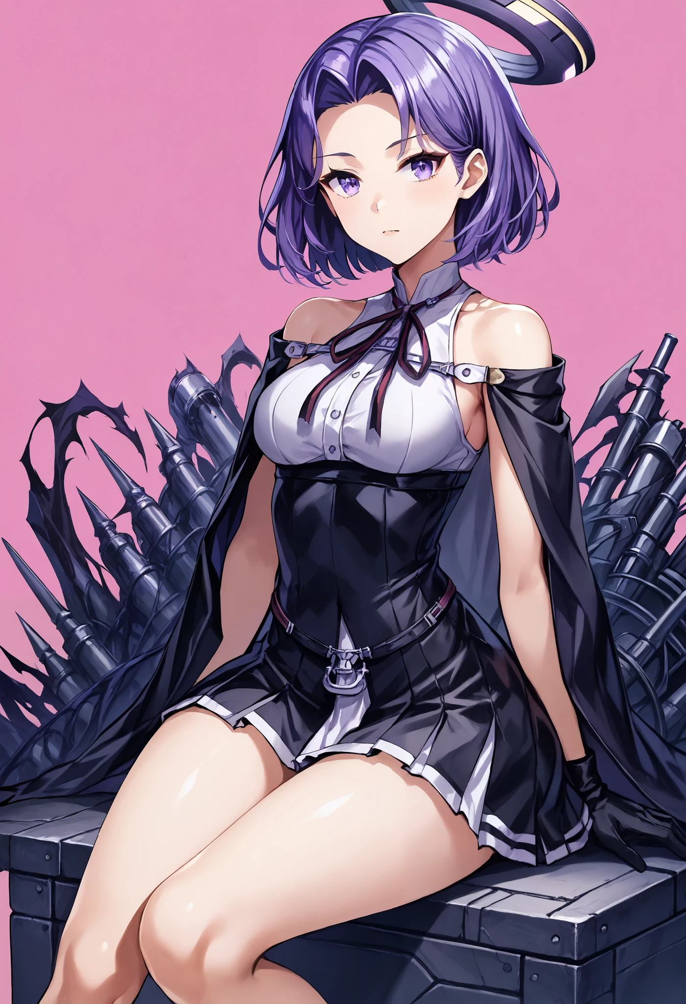 Ryuda Muji, tatsutakaini (kantai collection), score_9, score_8_up, score_7_up, score_6_up, source_anime, masterpiece, best quality, official art, official style, game cg, , rating_safe, rating_questionable, purple hair, halo, short hair, purple eyes, split bangs, , ripping bare shoulders in pink background, sleeveless, black dress, white shirt, black skirt, short dress , Bare legs, chest,