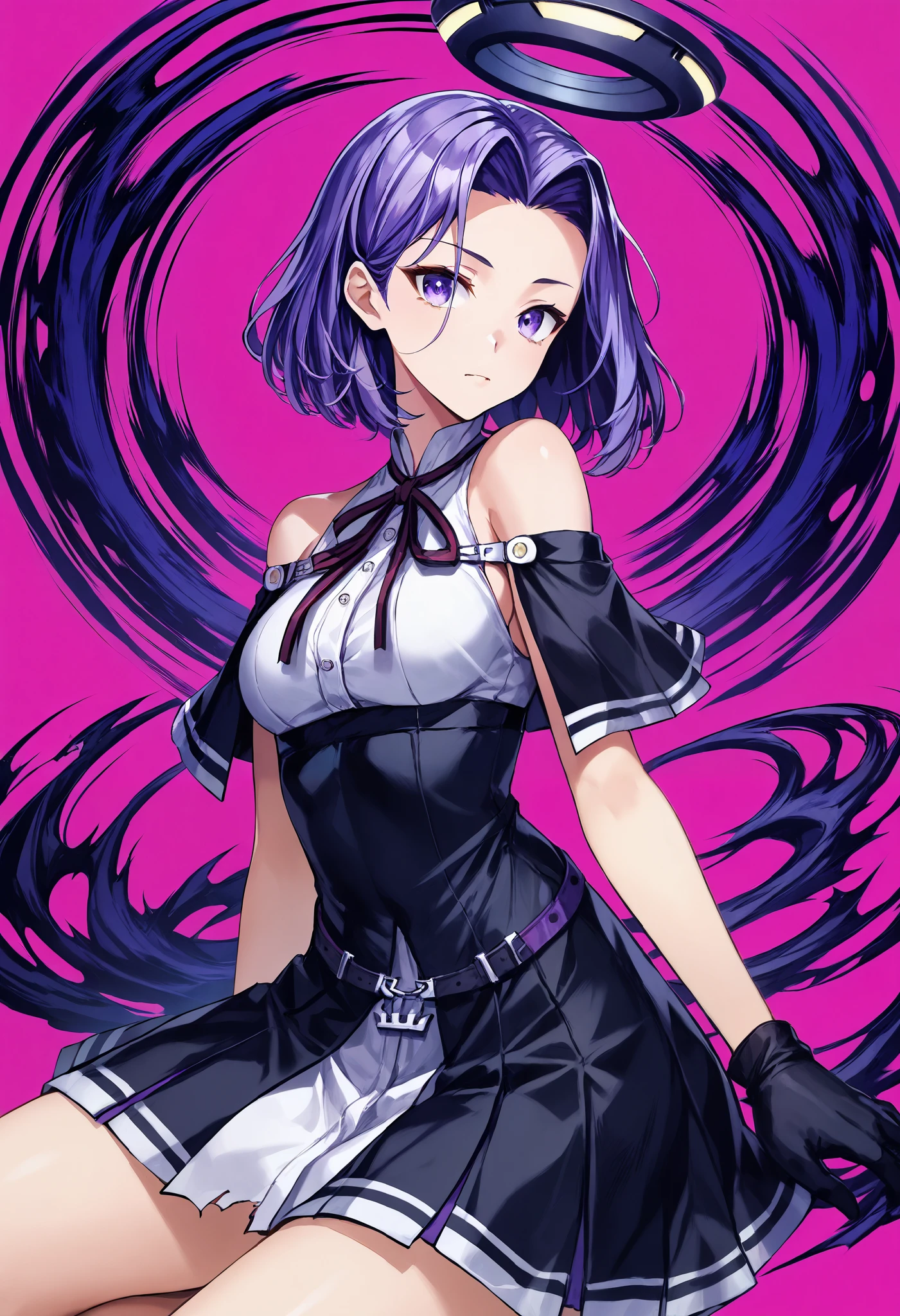 Ryuda Muji, tatsutakaini (kantai collection), score_9, score_8_up, score_7_up, score_6_up, source_anime, masterpiece, best quality, official art, official style, game cg, , rating_safe, rating_questionable, purple hair, halo, short hair, purple eyes, split bangs, , ripping bare shoulders in pink background, sleeveless, black dress, white shirt, black skirt, short dress , Bare legs, chest,