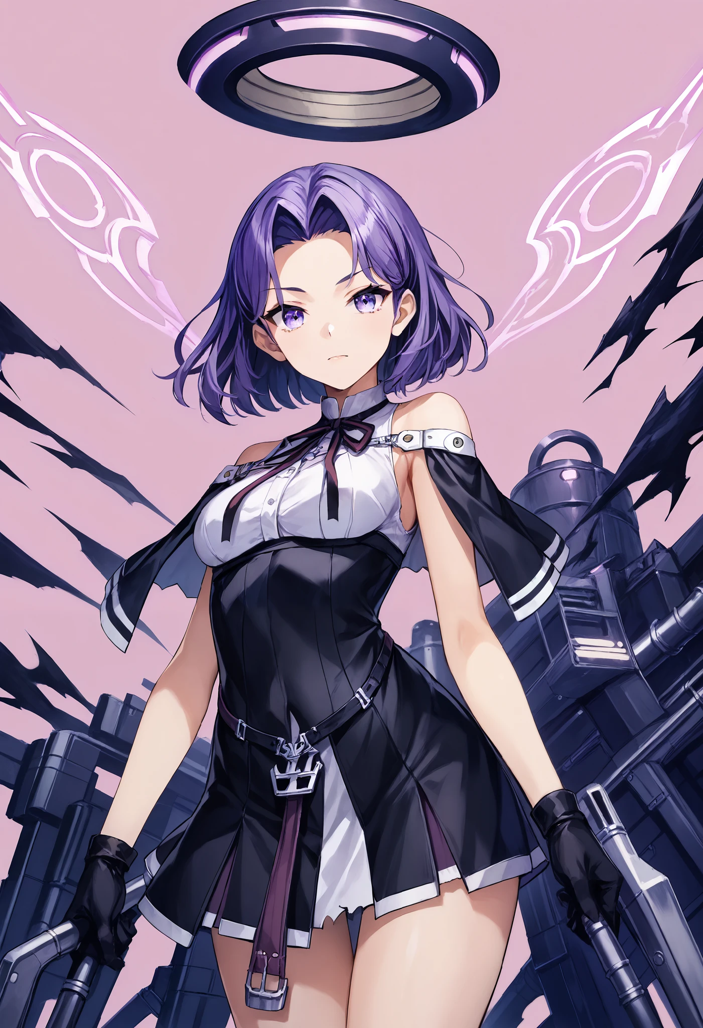 Ryuda Muji, tatsutakaini (kantai collection), score_9, score_8_up, score_7_up, score_6_up, source_anime, masterpiece, best quality, official art, official style, game cg, , rating_safe, rating_questionable, purple hair, halo, short hair, purple eyes, split bangs, , ripping bare shoulders in pink background, sleeveless, black dress, white shirt, black skirt, short dress , Bare legs, chest,
