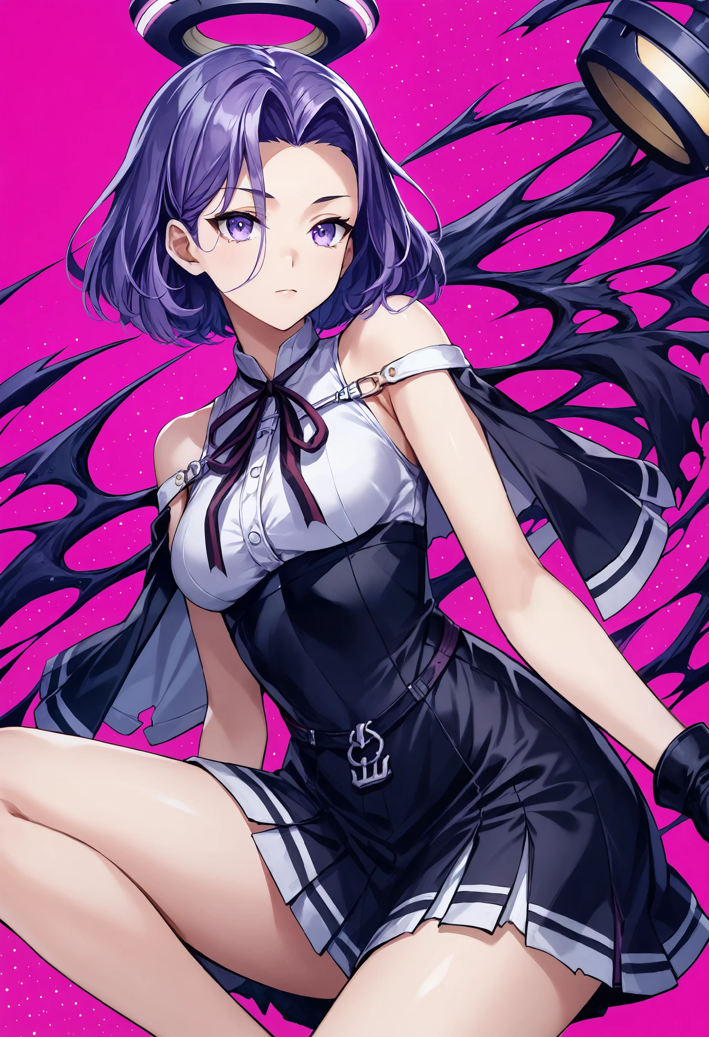 Ryuda Muji, tatsutakaini (kantai collection),  score_9,  score_8_up,  score_7_up,  score_6_up,  source_anime, masterpiece, best quality,  official art, official style,  game cg, , rating_safe, rating_questionable,  purple hair,  halo,  short hair, purple eyes, split bangs, , ripping bare shoulders in pink background, sleeveless, black dress, white shirt, black skirt,  short dress , Bare legs, chest, 