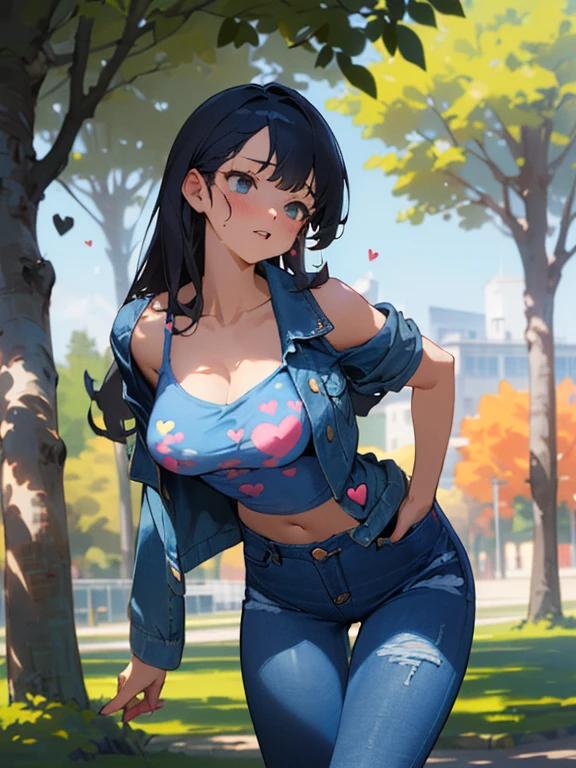 masterpiece, best quality, high detail, beautiful woman, wavy hair, dark blue hair, white t-shirt tied, unbuttoned jean jacket, black midi pencil skirt, long black pencil skirt, sneakers, midriff, belly button, looking at viewer, wide eyed, garden, park, tree, walking, 