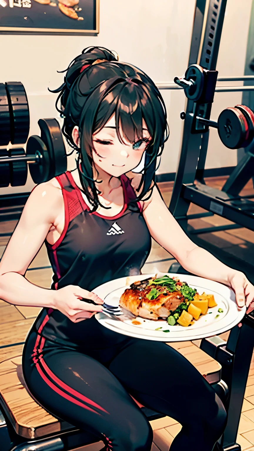 A delicious, steaming plate of perfectly cooked chicken breast with a side of fresh vegetables, placed inside a modern gym. The dish is golden-brown, juicy, and garnished with herbs, looking irresistibly tasty. A fit, athletic anime-style girl with black hair and workout clothes (such as a tank top and leggings) is sitting on a workout bench, happily eating the meal with chopsticks or a fork. She has a satisfied expression, eyes closed as she enjoys the protein-packed dish after an intense training session.
The background features gym equipment such as treadmills, dumbbells, and weightlifting machines, slightly blurred to emphasize the food and the girl's enjoyment. The lighting is warm and inviting, making the dish look even more appetizing. The overall atmosphere is a mix of fitness motivation and the joy of a well-earned meal.