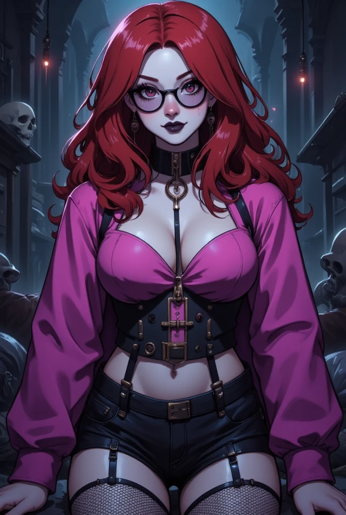 1girl, full body, magical girl, holding book, blue eyes, red hair, long hair, black dress, black leather jacket, library, glasses, (best quality,4k,8k,highres,masterpiece:1.2),ultra-detailed,(realistic,photorealistic,photo-realistic:1.37),portrait,fantasy,dramatic lighting,warm color palette,intricate details