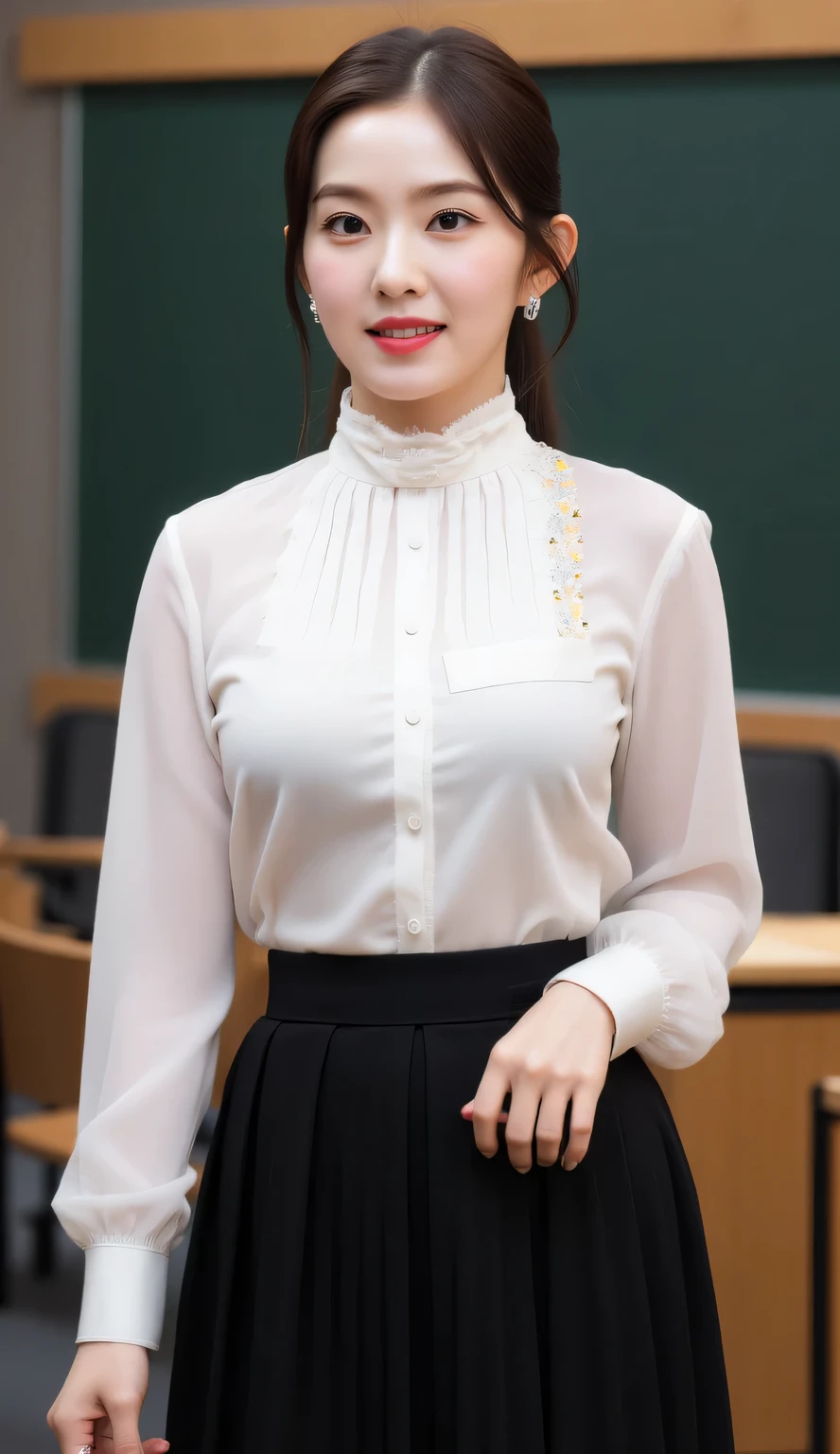 a female teacher, standing in front of the classroom, facing the camera, use a long shirt up the ass of satin material of white color, using a long skirt from butt to toe pleated model of black color, big breasts, very slim waist , beautiful smile , red lips, long hair ponytail
