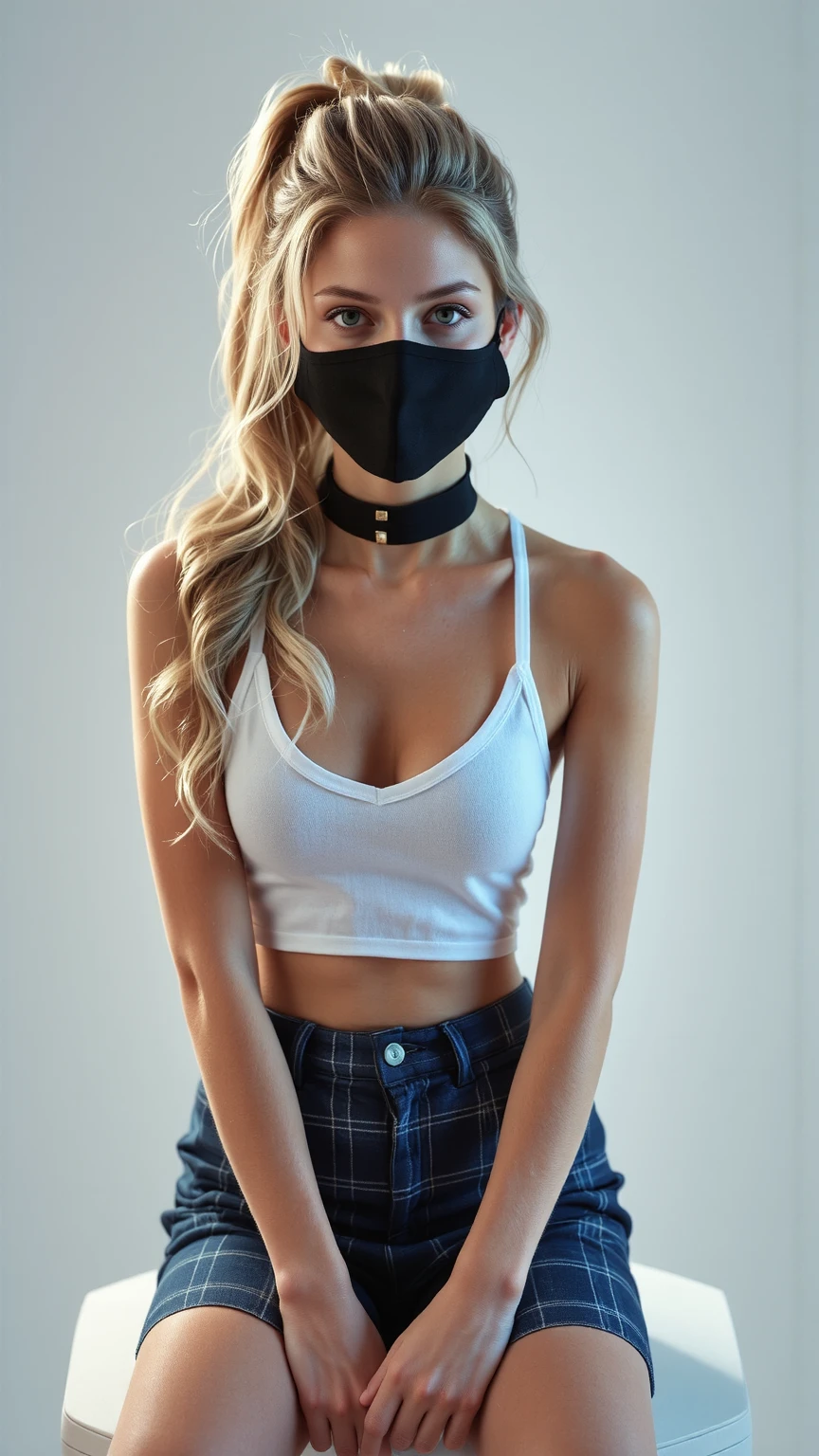 1 girl, detailed blue eyes, lange wimpern, detailed beautiful face, long ponytail, (very Long blonde hair:1.4), festgebunden, (arms behind back:1.6), gefesselte Arme, (blushing:1.3), (Big boobs:1.1), OTN, White OTN gag, Gag, gagged, bound knees and ankles, shibari over clothes, (black skirt, White crop top:1.4), standing in a beach night Club, many people around, tied gag, nah aufnahmen