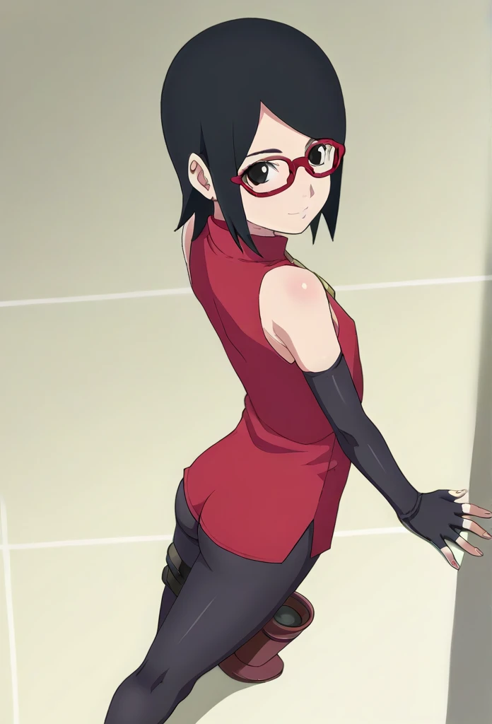 short black hair, Cute girls, sensual lip, Astringent, Blushing and shy, Cool drag, wearing glasses, sleeveless, red outfit, arms up, detailed armpits, medium breasts