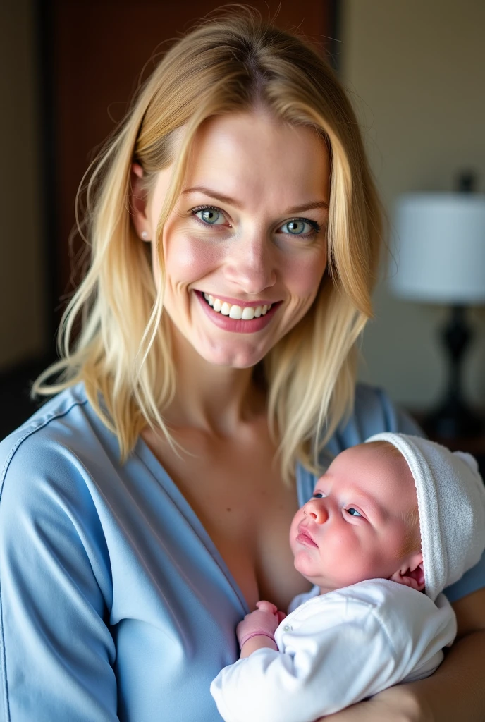 Elizabeth Mitchell holding a baby completely naked and smiling