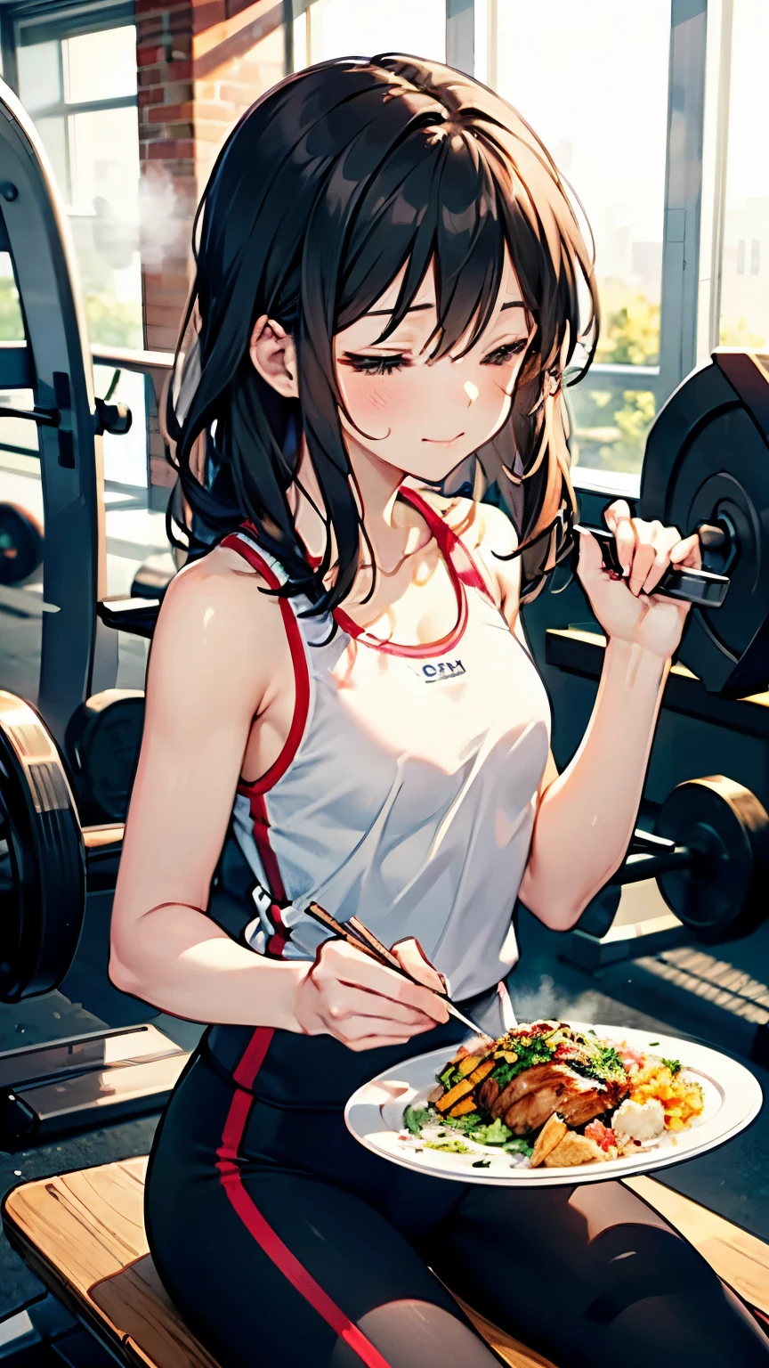 A delicious, steaming plate of perfectly cooked chicken breast with a side of fresh vegetables, placed inside a modern gym. The dish is golden-brown, juicy, and garnished with herbs, looking irresistibly tasty. A fit, athletic anime-style girl with black hair and workout clothes (such as a tank top and leggings) is sitting on a workout bench, happily eating the meal with chopsticks or a fork. She has a satisfied expression, eyes closed as she enjoys the protein-packed dish after an intense training session.

The background features gym equipment such as treadmills, dumbbells, and weightlifting machines, slightly blurred to emphasize the food and the girl's enjoyment. The lighting is warm and inviting, making the dish look even more appetizing. The overall atmosphere is a mix of fitness motivation and the joy of a well-earned meal.