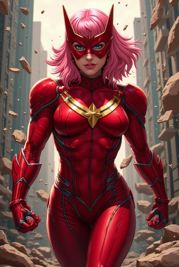 Atom Eve from Invincible wearing (vaultsuit with pipboy3000 on wrist) standing in a ruined city, pink and light pink vaultsuit ,professional photography,  well drawn, masterpiece, hyper realistic, ultra detailed, high quality, best quality, 4k, 8k, raw 