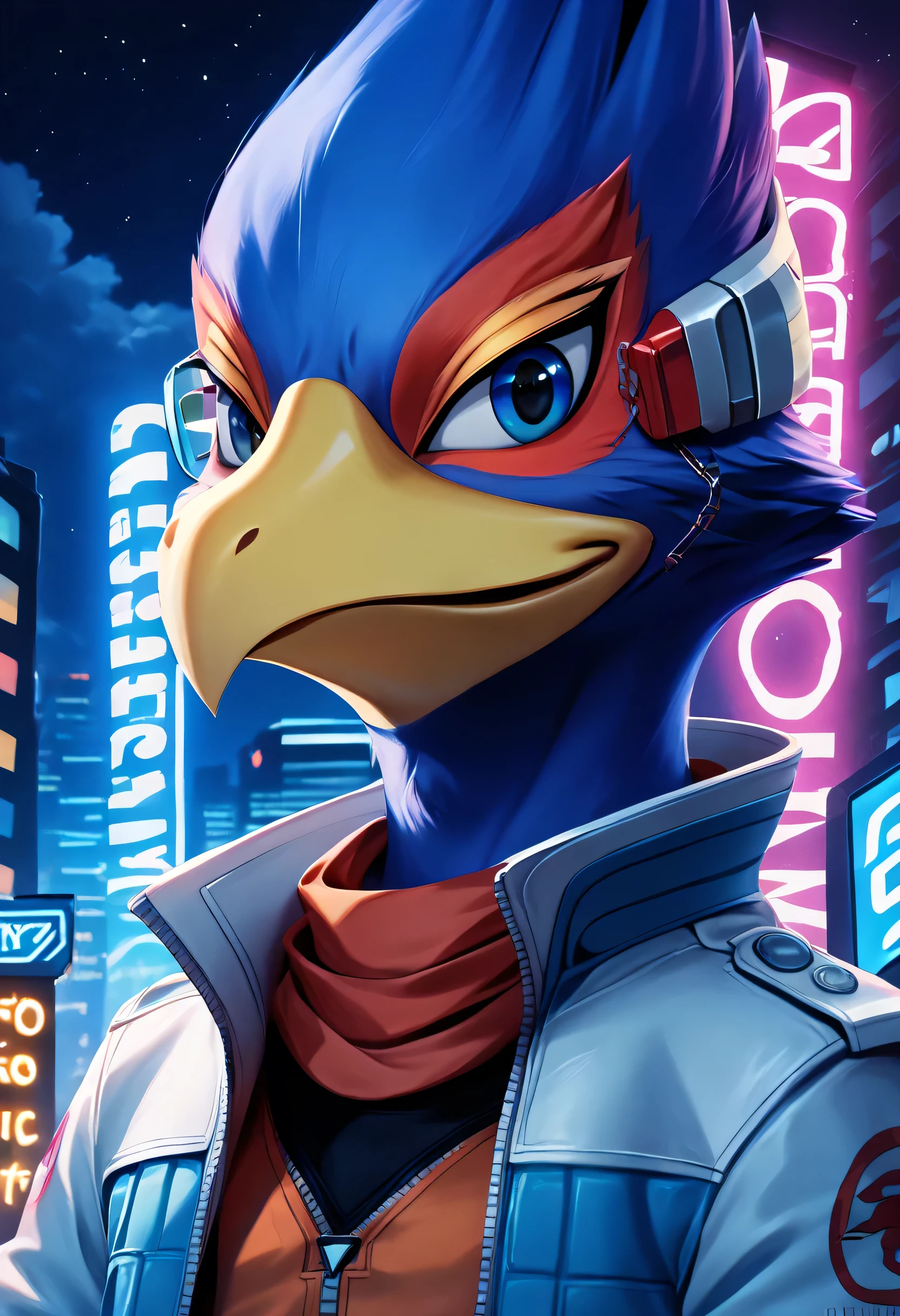 score_9, score_8_up , score_7_up , (Alone), (Best Quality:1.2), (8K BEST IMAGE), (correct anatomy), (((One and only person ))), 8K, official art, (Super Detail), (Falco Lombardi:1.5), Boy bird, cool, kind, friendly, (Future city background at night), (mysterious environment with neon lights), natural light, character focus, character close-up, detailed face, Detailed clothing, depth of writing, perfect lighting, ( top view), (oblique frontal view), sharp focus, Extremely Great Art, Closeup of a Man Wearing Persona Art , Very Eye Catching Art, anime art, (perfect anatomy)